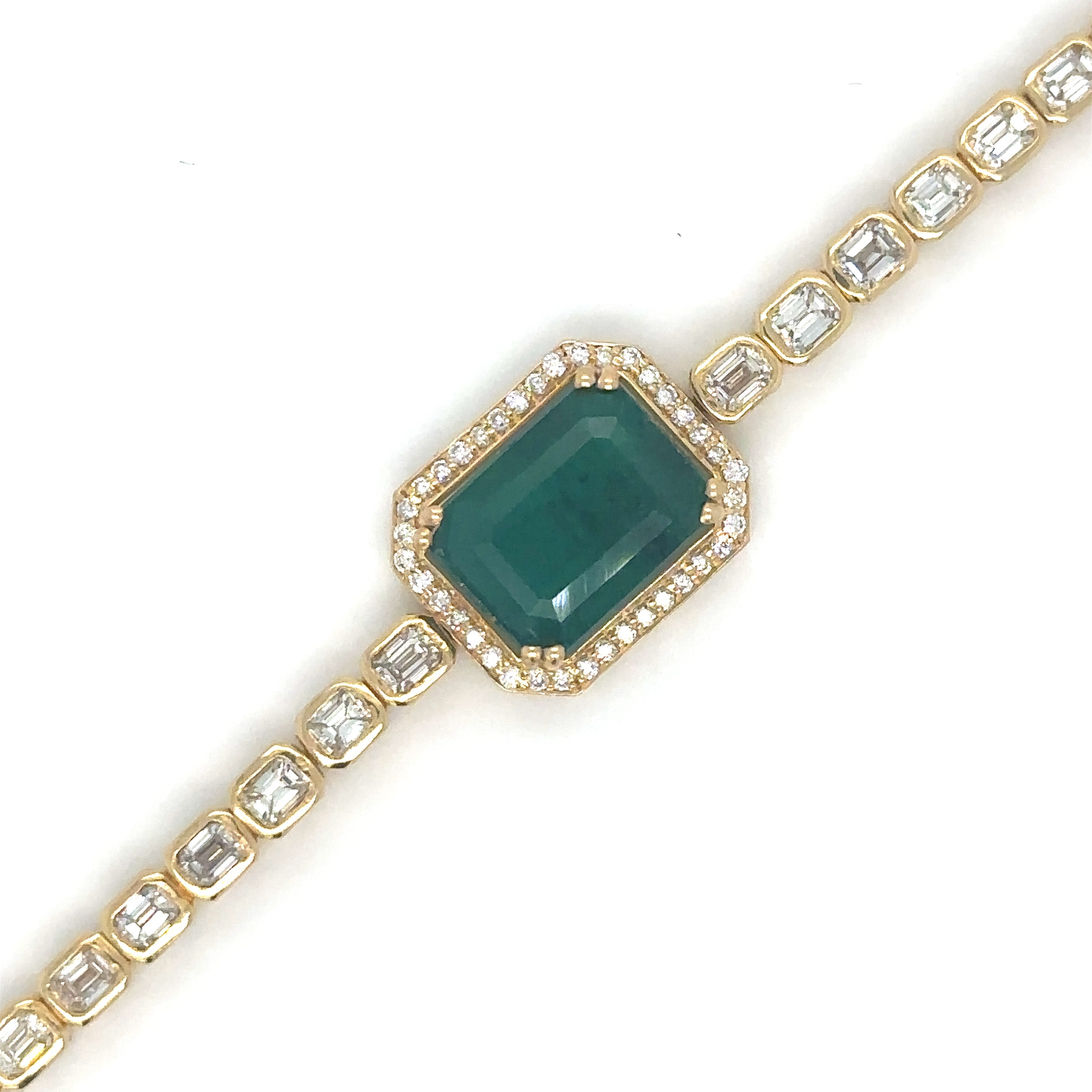 Pulsera De Tenis De Oro Amarillo De 18 Quilates Con Esmeralda Oct Y Diamantes 7.49 Ct.