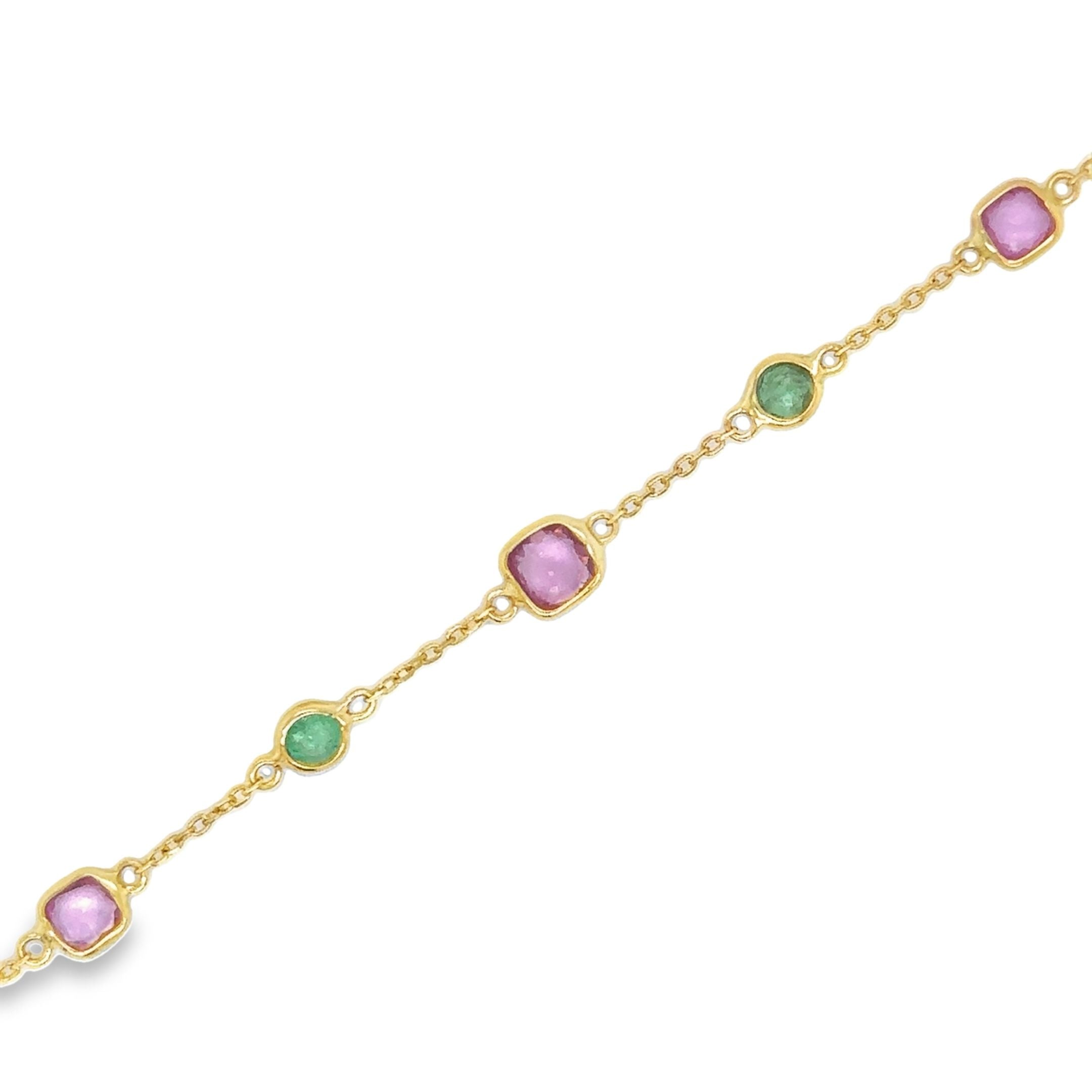 Pulsera Estación De Oro Amarillo De 18 K, Esmeralda Y Zafiro Rosa,   1.87 TCW.