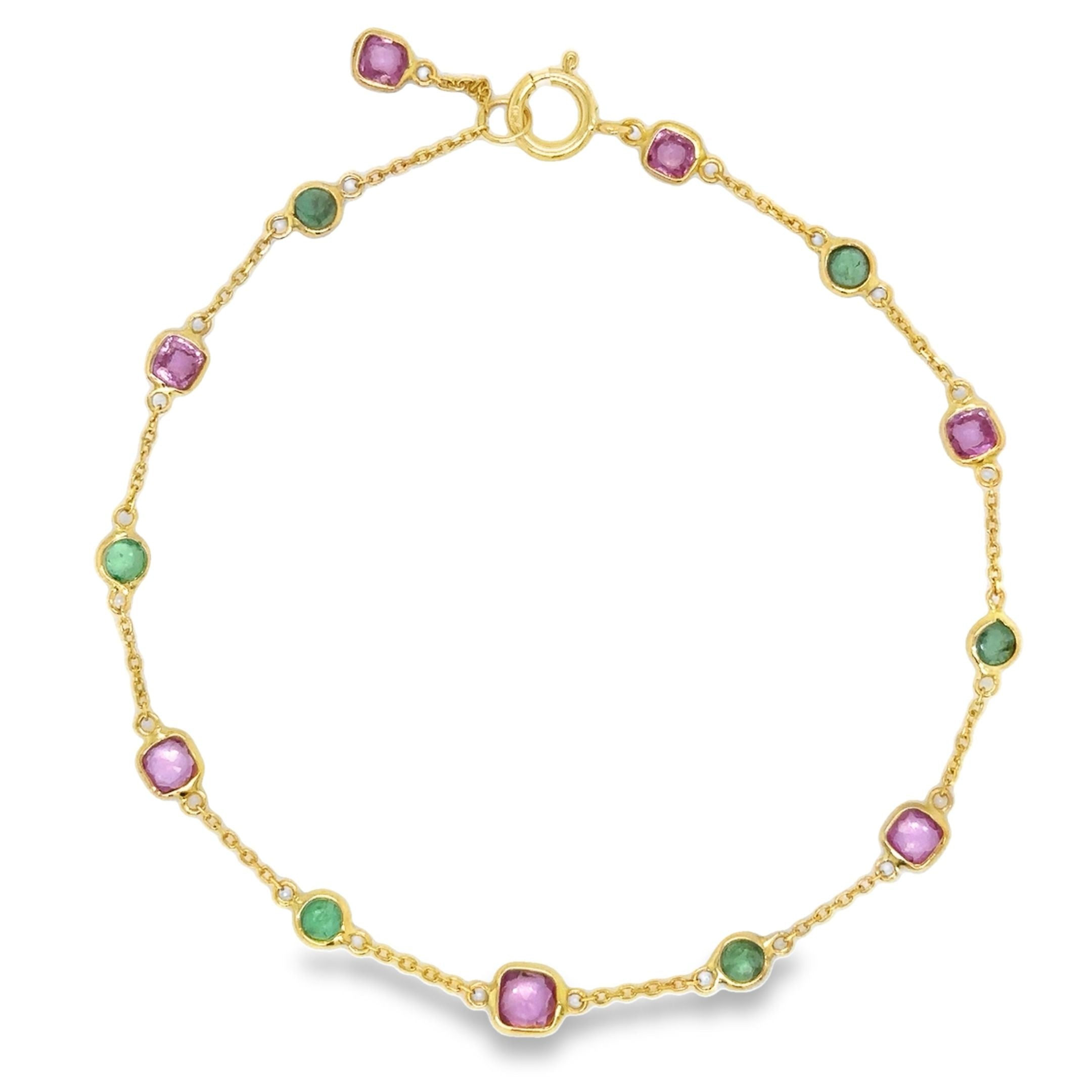 Pulsera Estación De Oro Amarillo De 18 K, Esmeralda Y Zafiro Rosa,   1.87 TCW.