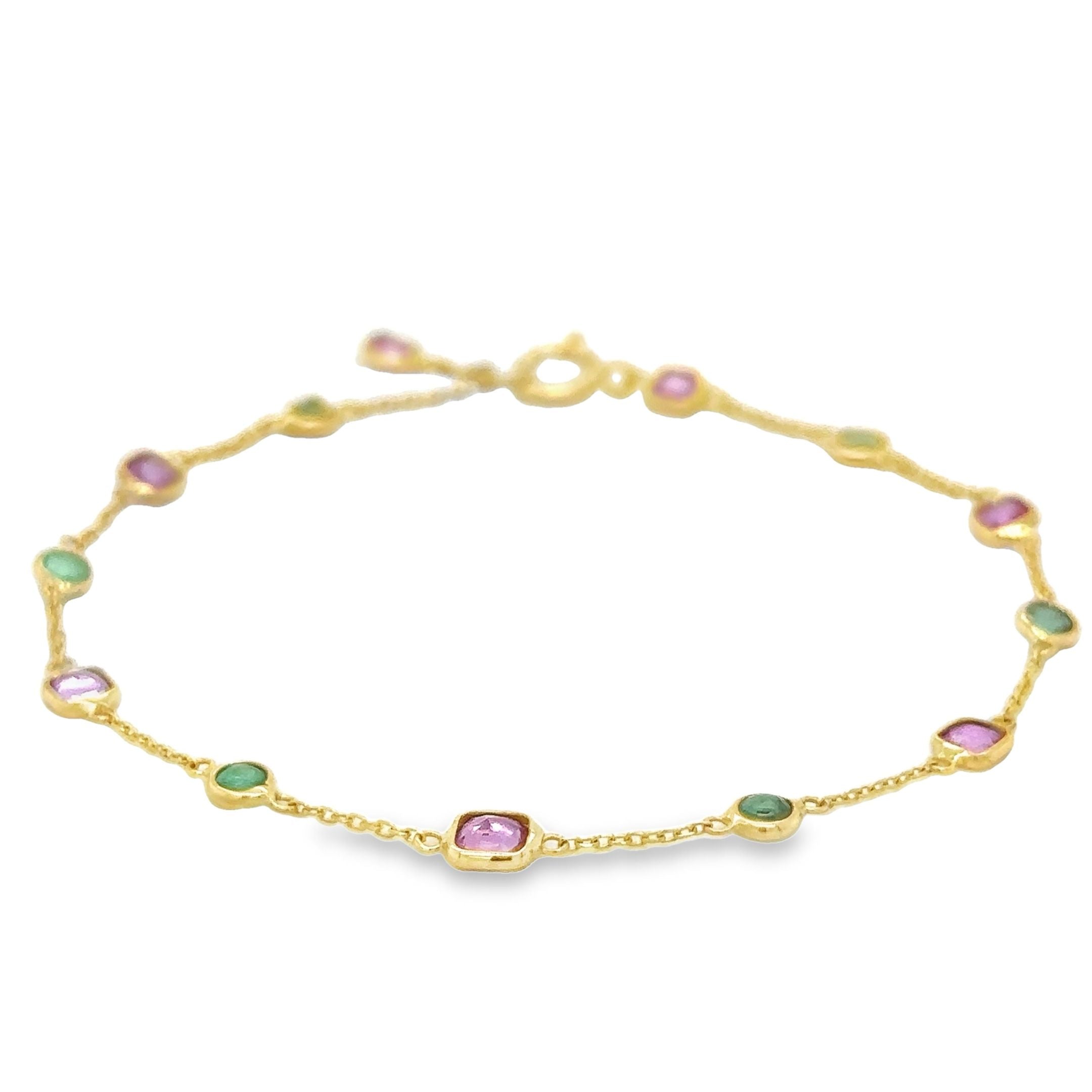Pulsera Estación De Oro Amarillo De 18 K, Esmeralda Y Zafiro Rosa,   1.87 TCW.