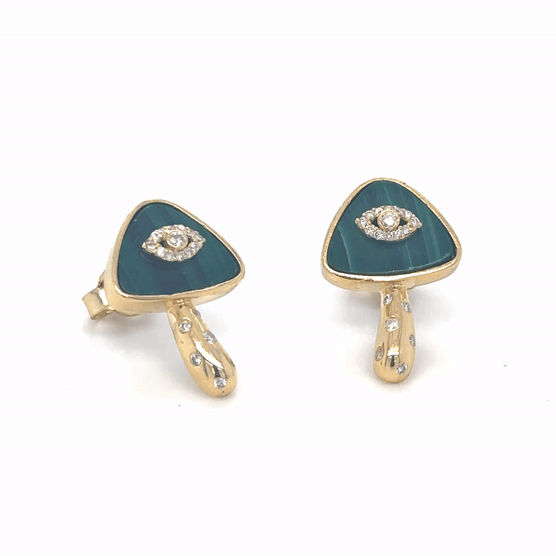 Pendiente De Setas De Malaquita Y Diamantes En Oro Amarillo De 14K 5.21 Ct.