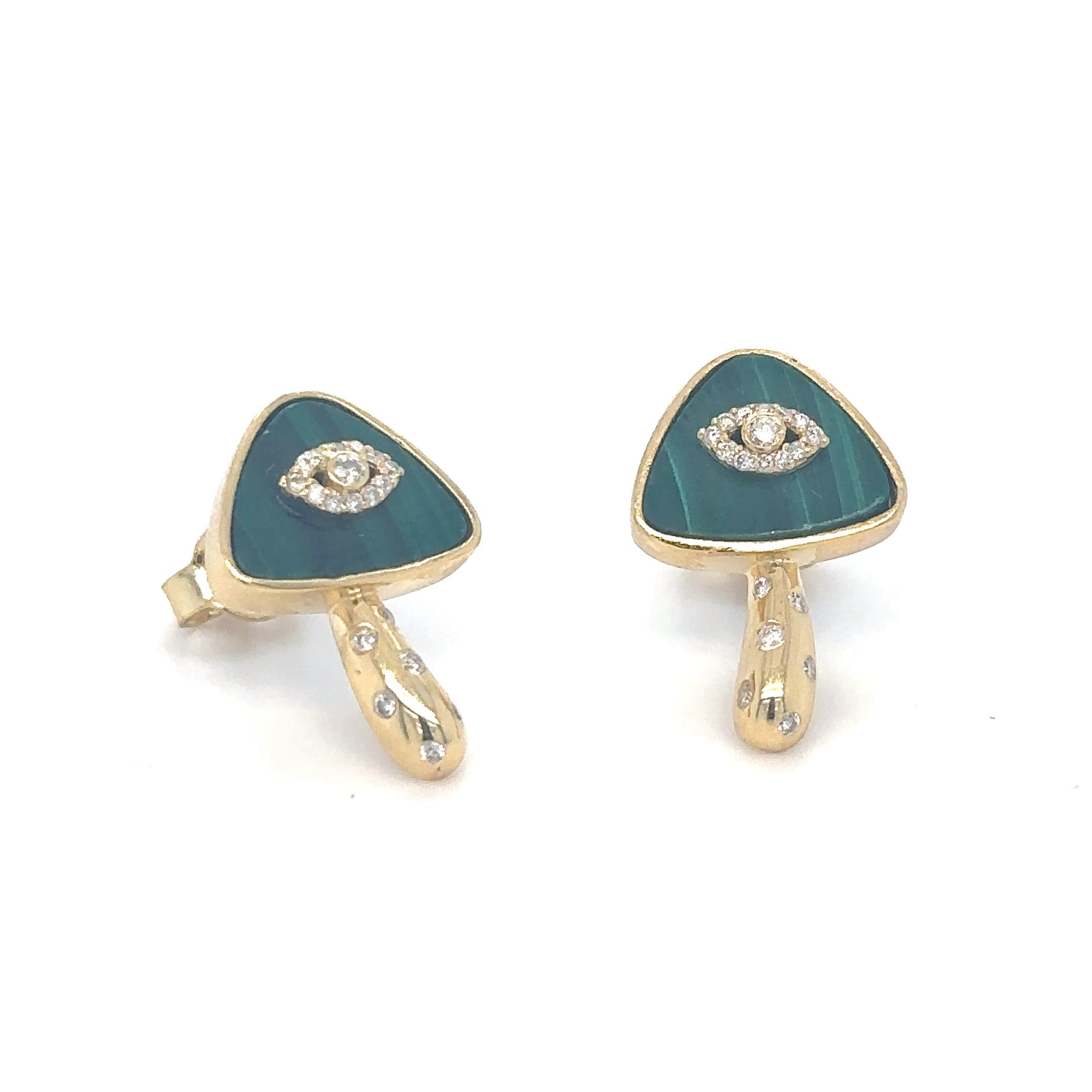 Pendiente De Setas De Malaquita Y Diamantes En Oro Amarillo De 14K 5.21 Ct.