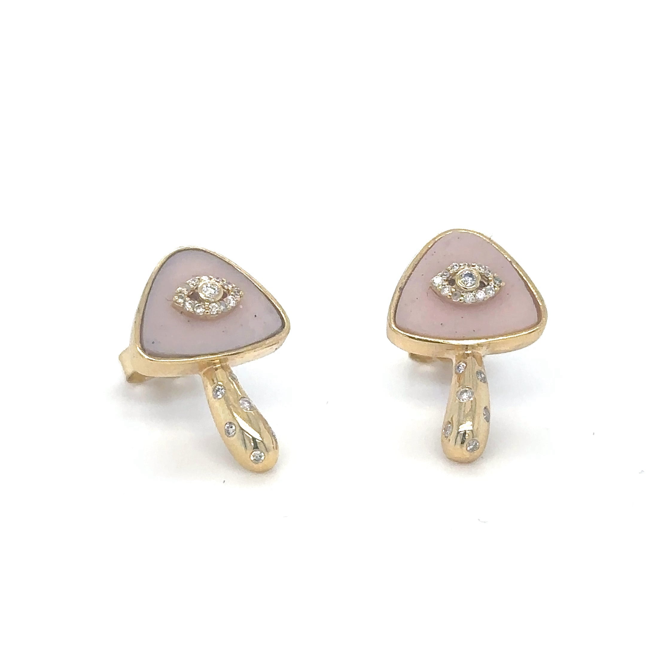 Pendiente De Hongo De Ópalo Rosa Y Diamantes En Oro Amarillo De 14K 3.31 Ct.