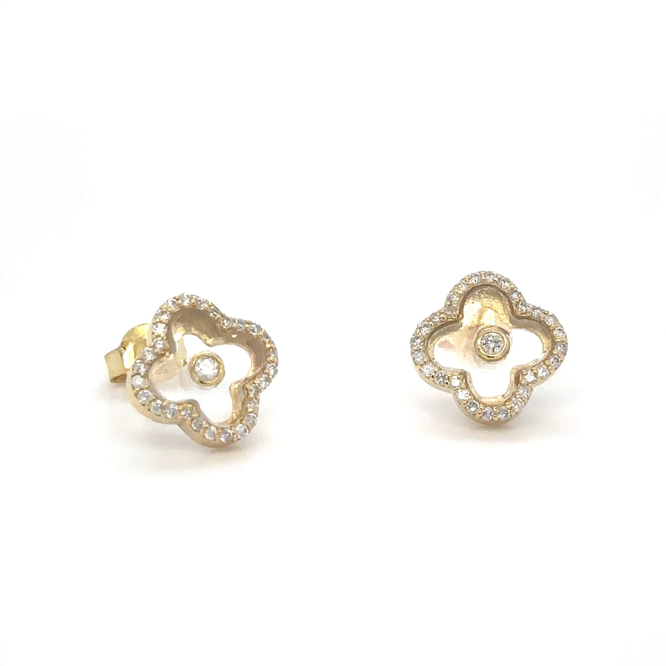 Pendiente De Trébol De Cuarzo Transparente Y Diamantes En Oro Amarillo De 14 Kt 0.36 Ct.