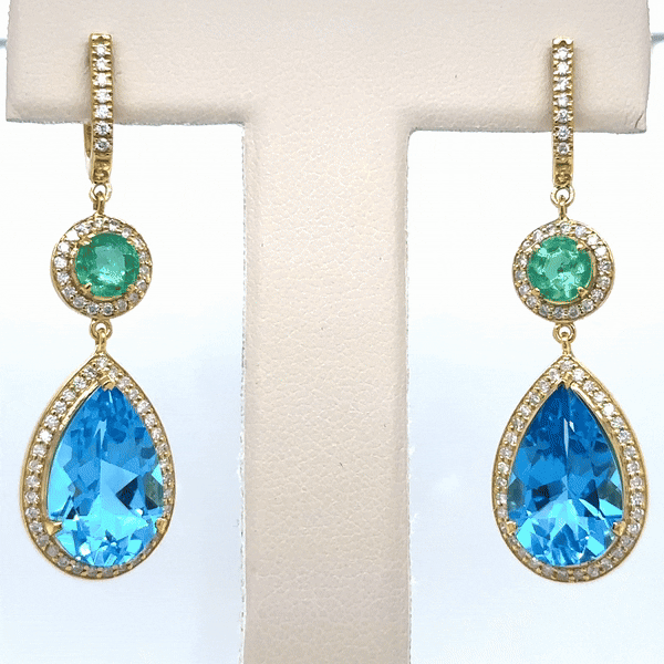 18K Yellow Gold Earring With Emeralds, Topazes And Diamonds, 15.90 Tcw