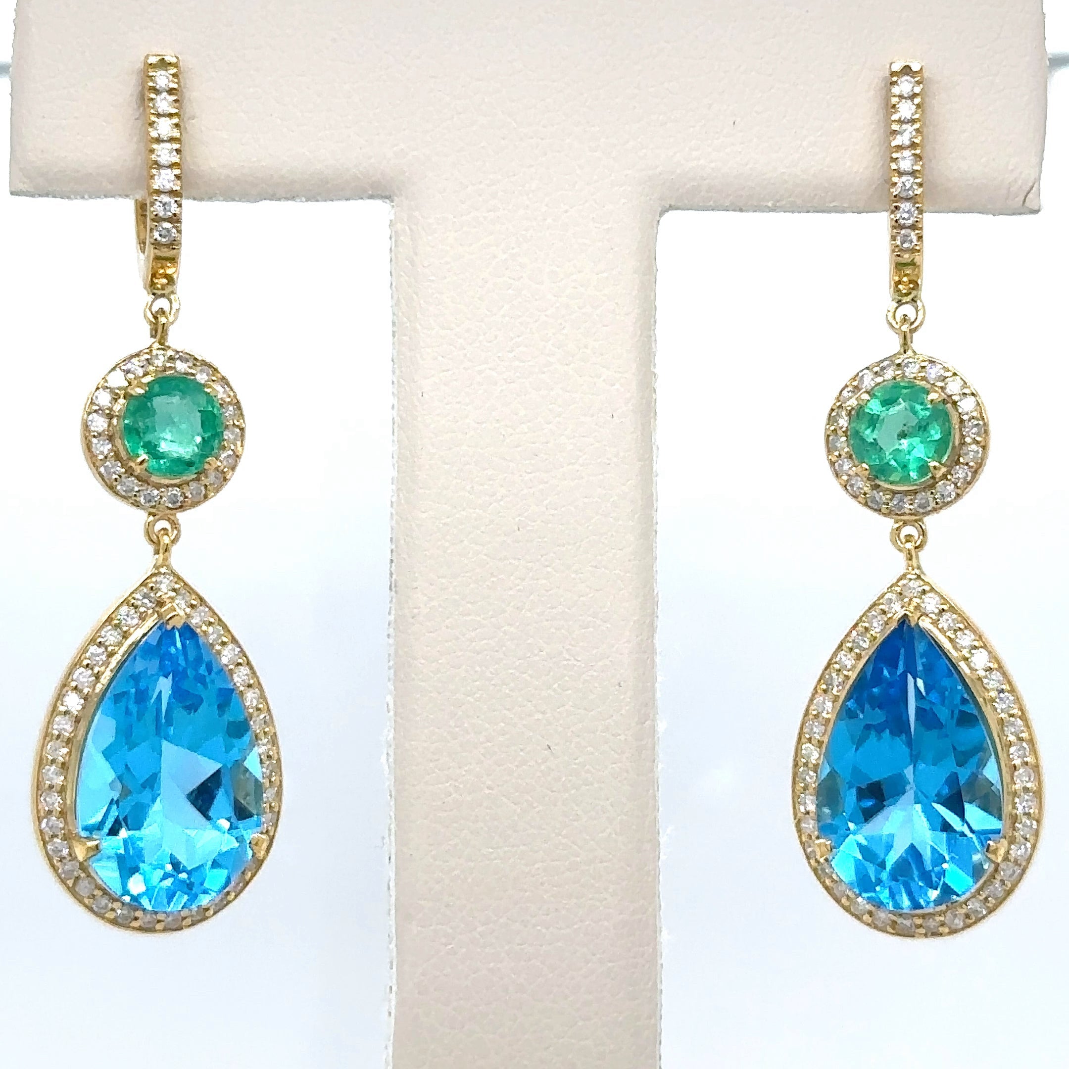 18K Yellow Gold Earring With Emeralds, Topazes And Diamonds, 15.90 Tcw