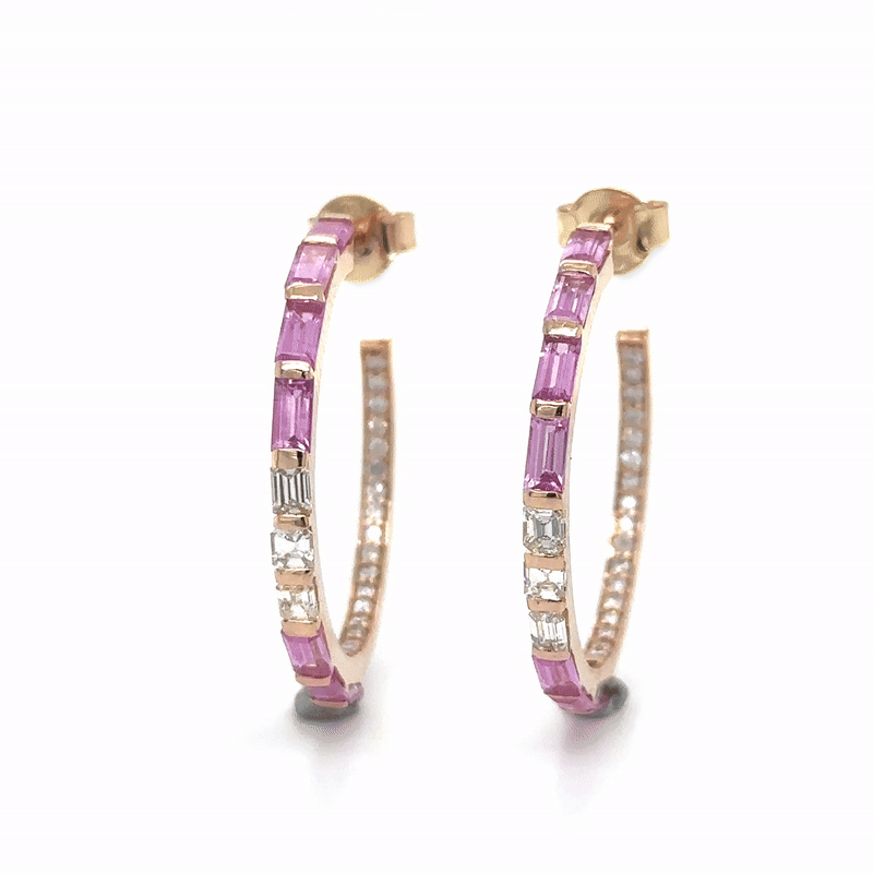 Pink Sapphire and Diamond Hoop Earring in 18K Rose Gold, 2.80 Tcw