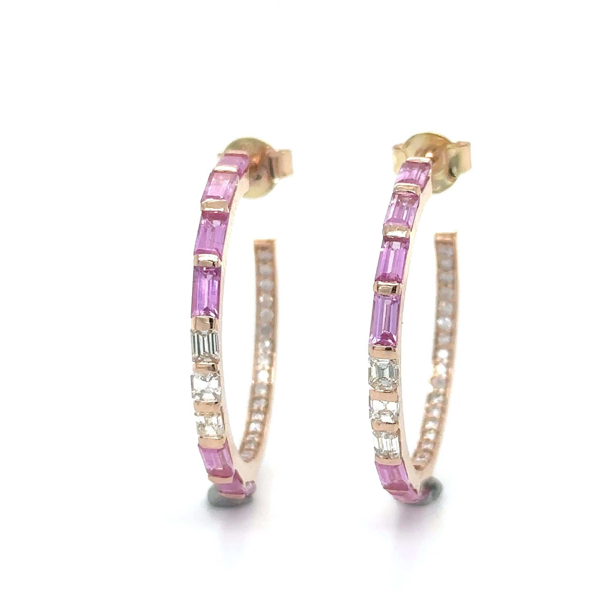Pink Sapphire and Diamond Hoop Earring in 18K Rose Gold, 2.80 Tcw