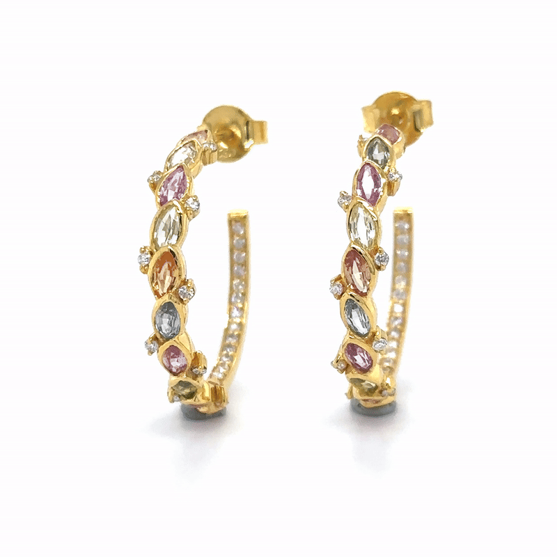 Multi Sapphire and Diamond Hoop Earring in 18K Yellow Gold, 2.27 CT
