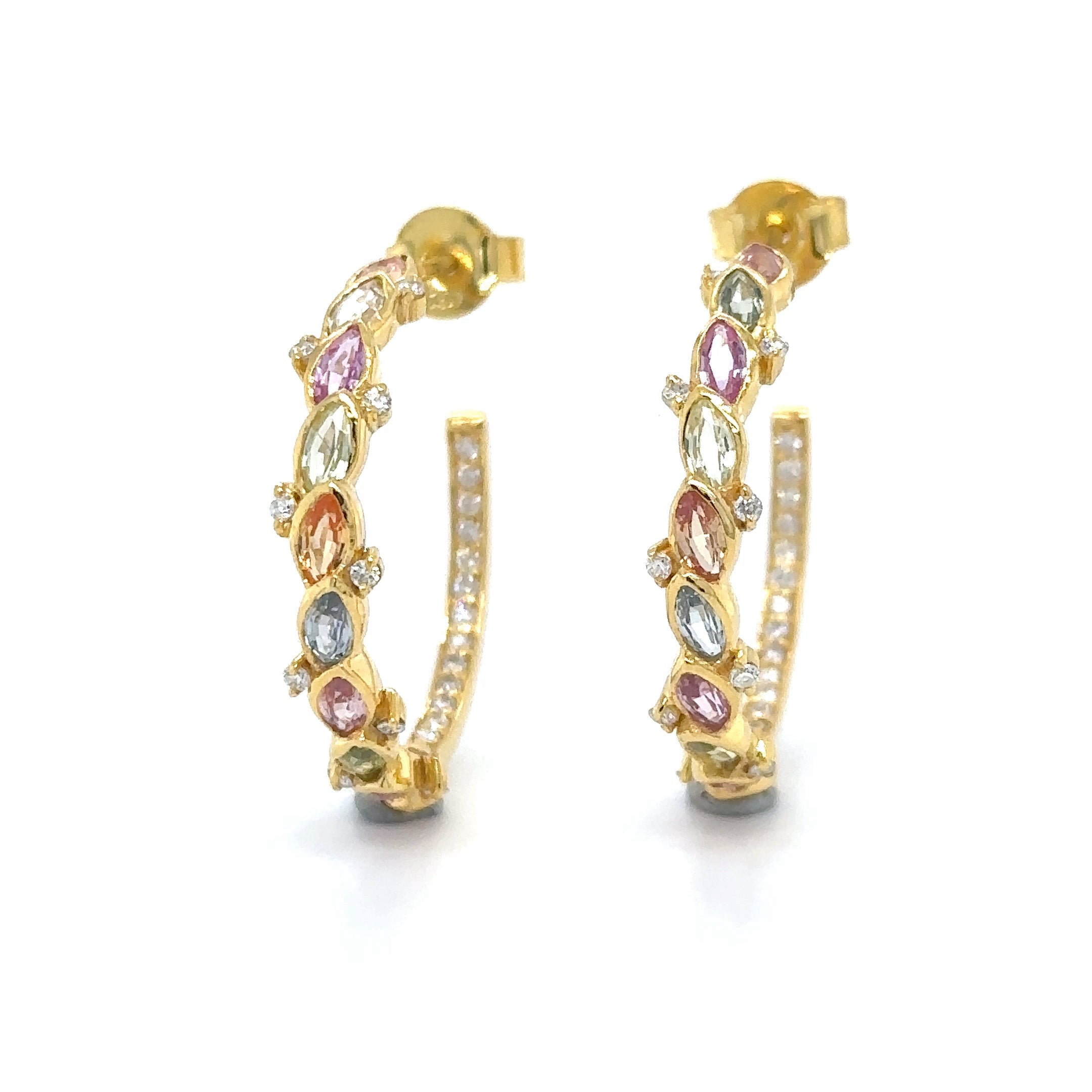 Multi Sapphire and Diamond Hoop Earring in 18K Yellow Gold, 2.27 CT