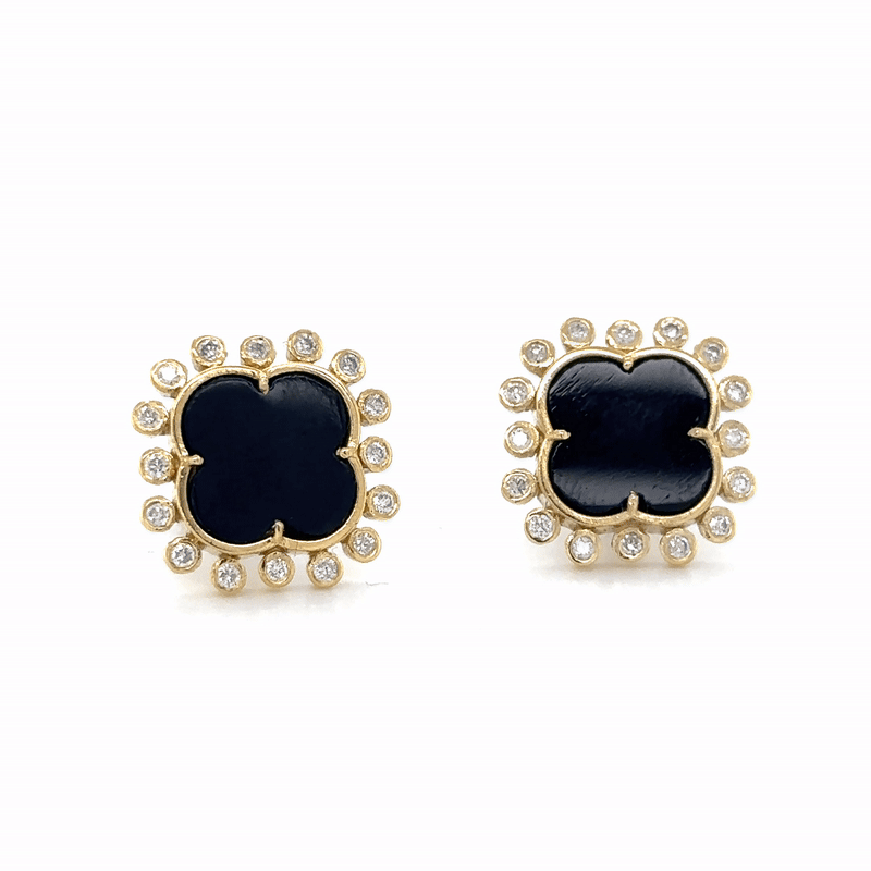 Pendiente Trébol Oro Amarillo De 14 Quilates Ónix Negro Y Diamantes 3.82 Ct.