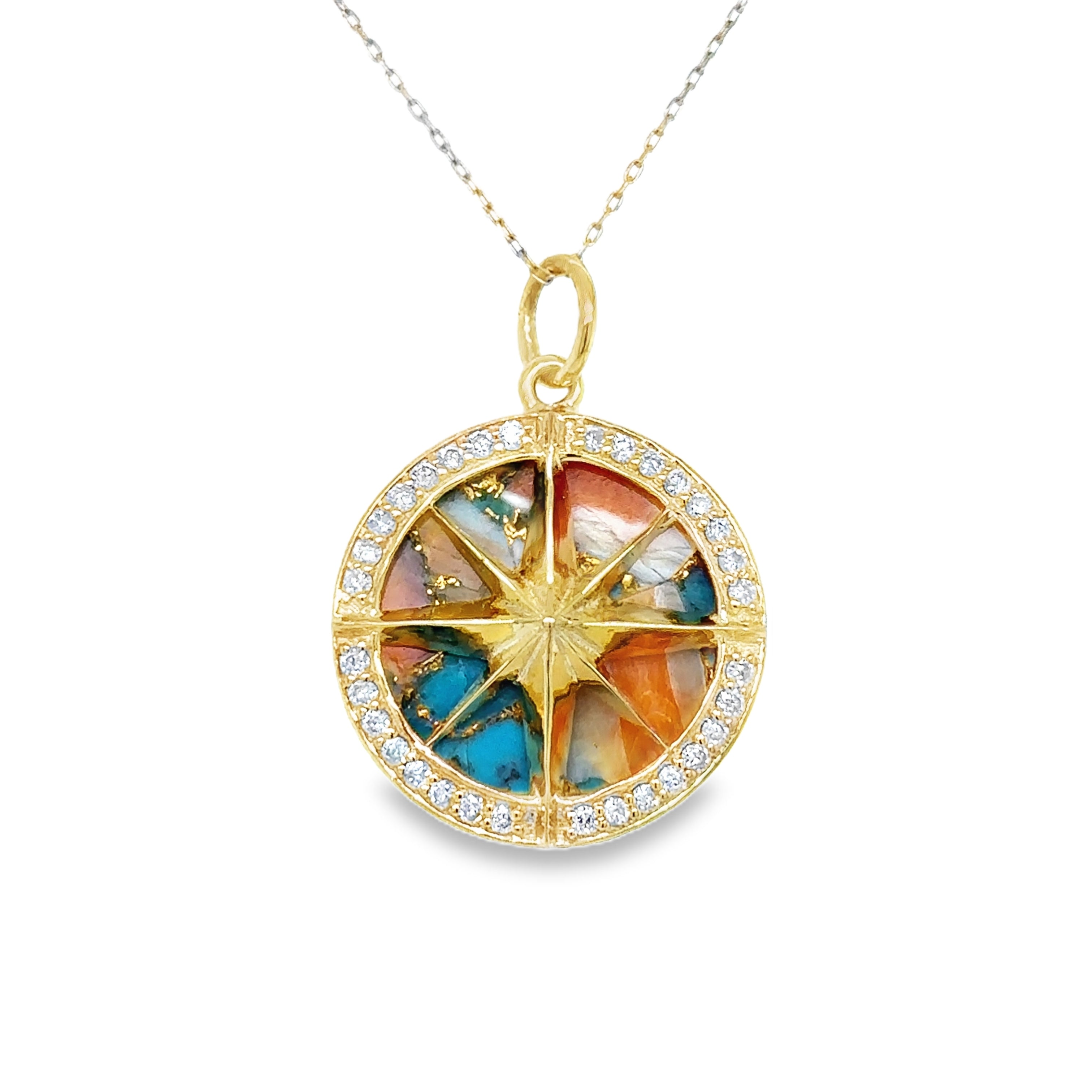 Colgante De Brújula De Turquesa Ostra En Oro Amarillo De 14 Quilates Con Diamantes 4.39 Ct.