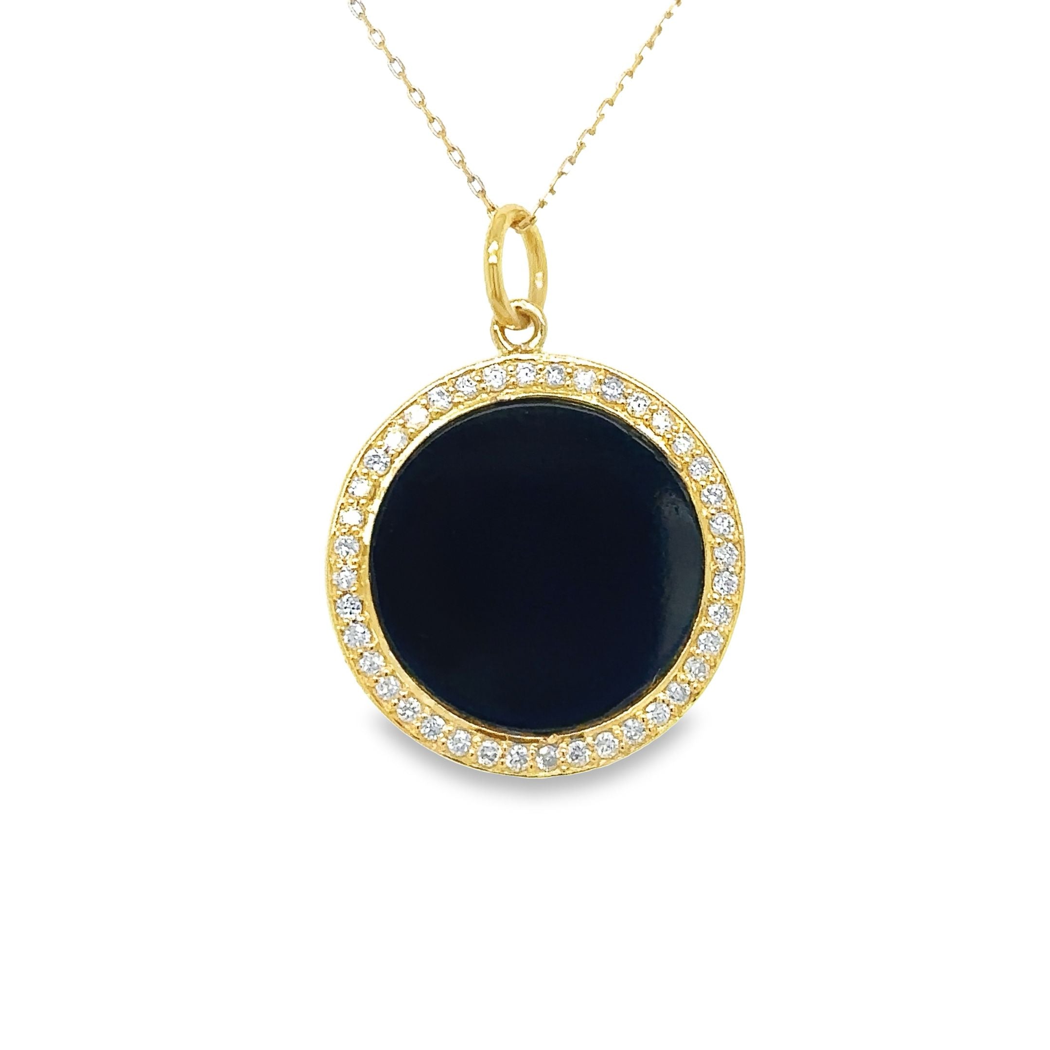 Colgante Disco De Ónix Negro De Oro Amarillo De 14 Quilates Con Diamantes 4.19 Ct.