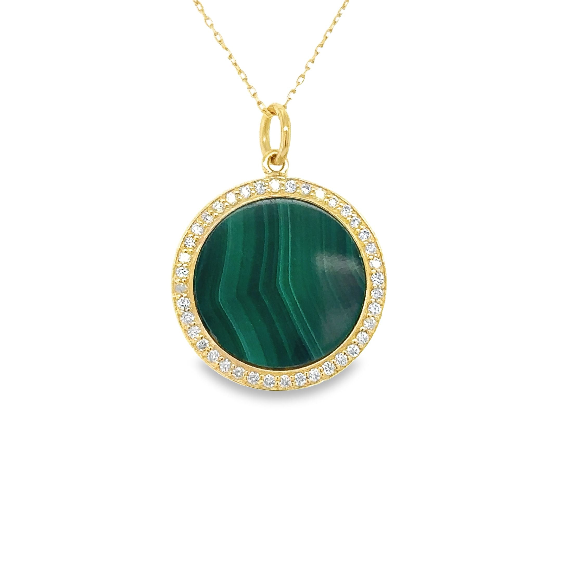 Colgante Disco De Malaquita En Oro Amarillo De 14 Quilates Con Diamantes 5.99 Ct.
