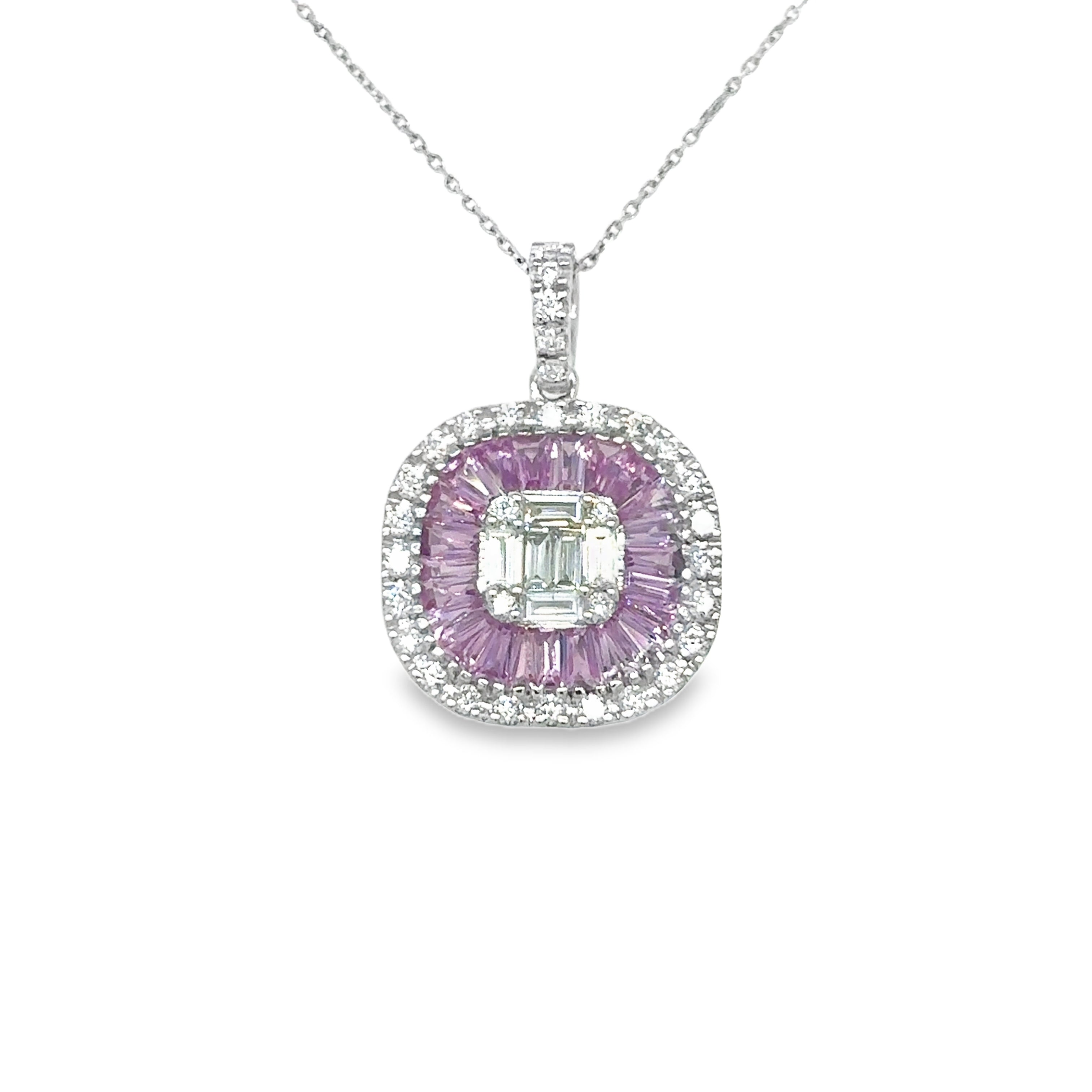 Colgante Oro Blanco De 14 Quilates, Zafiro Rosa Y Diamantes 1.86 Ct.