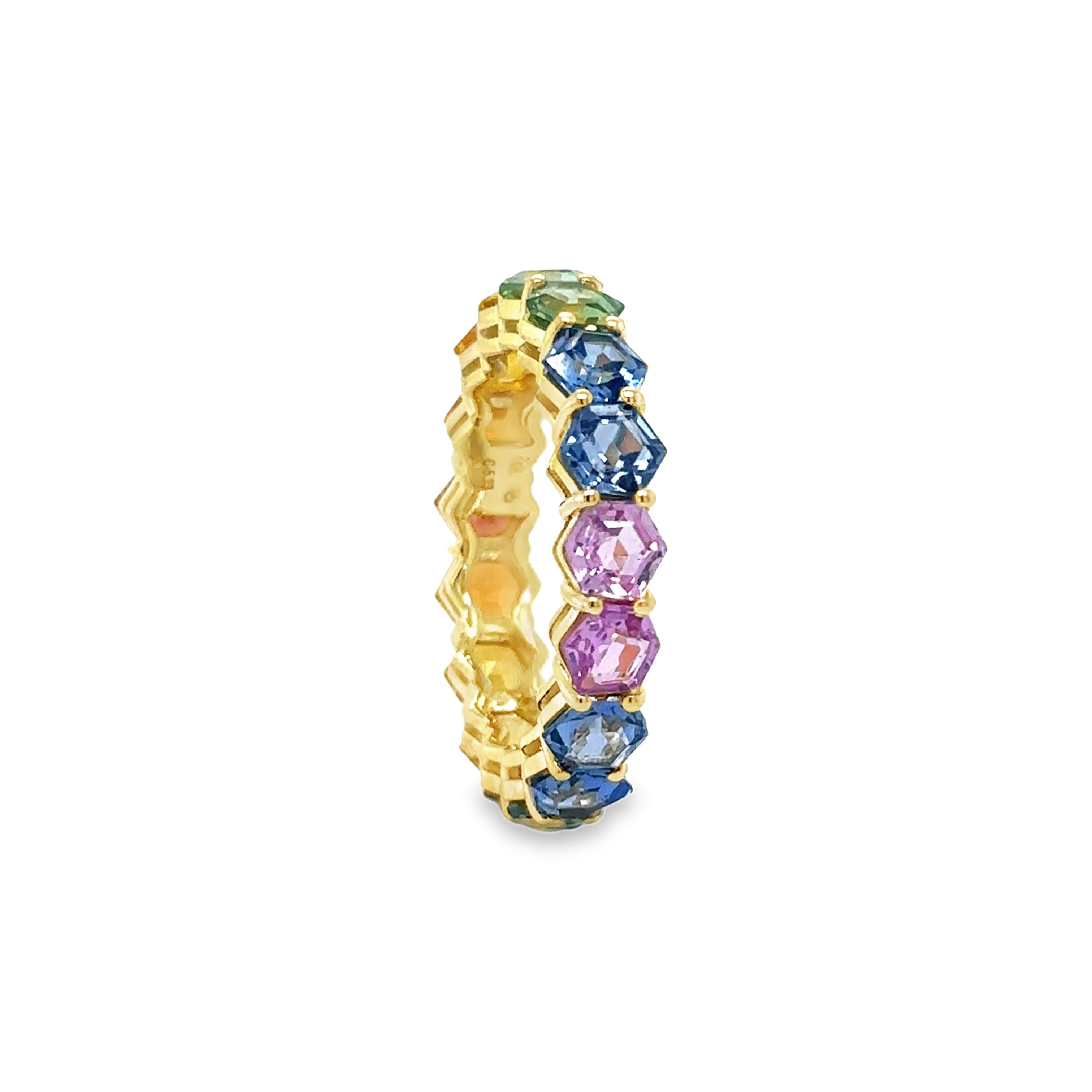 Anillo De Zafiro Múltiple De Oro Amarillo De 14 K Talla Hexágono