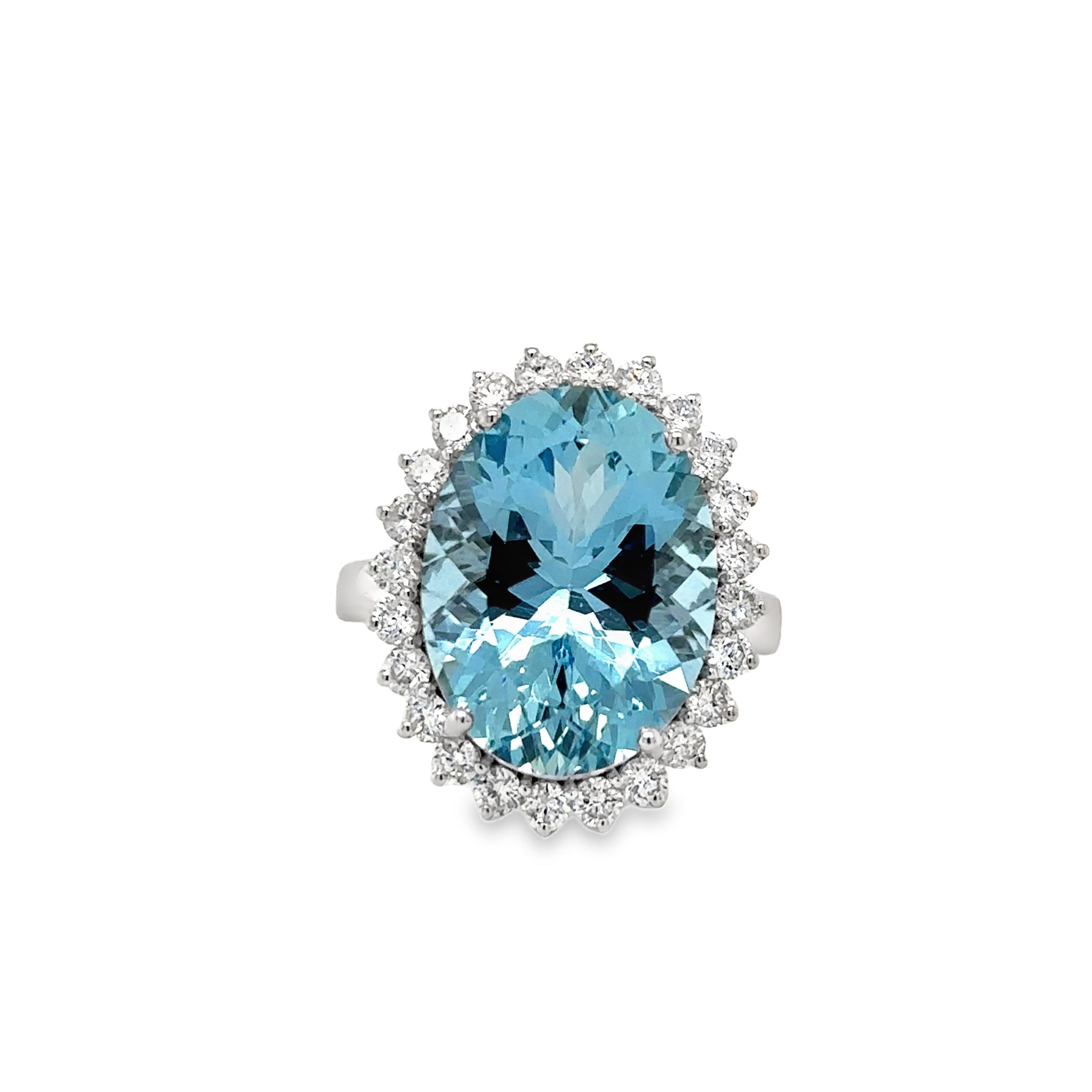 Anillo De Diamantes Y Aguamarina De Oro Blanco De 14K 9.83 Ct.