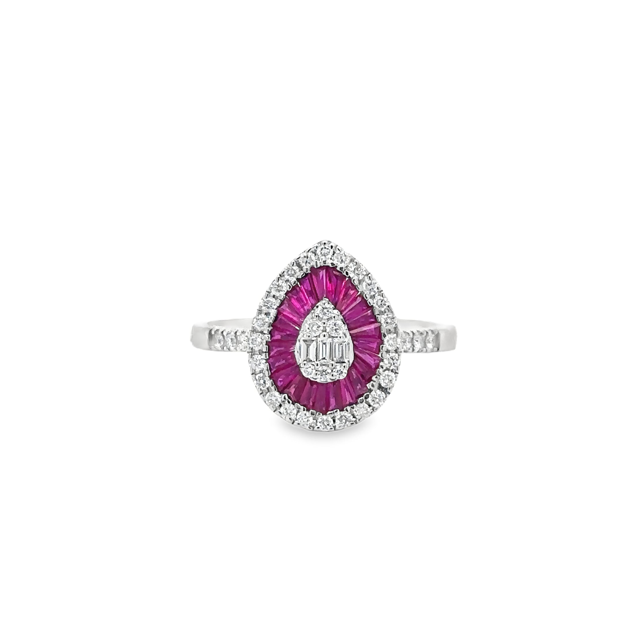 Anillo En Forma De Pera De Rubí Y Diamantes De Oro Blanco De 14K 0.8 Ct.