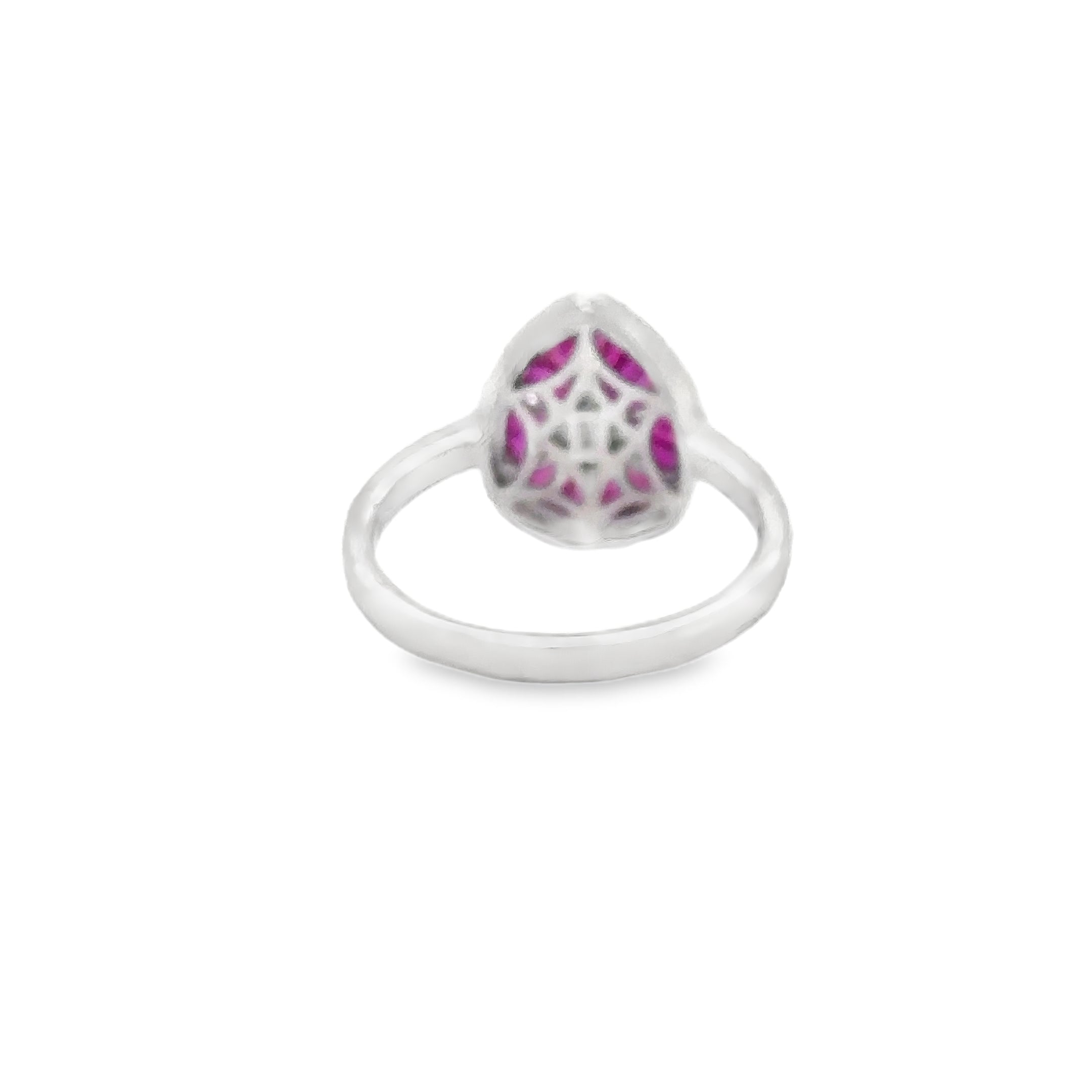 Anillo En Forma De Pera De Rubí Y Diamantes De Oro Blanco De 14K 0.8 Ct.
