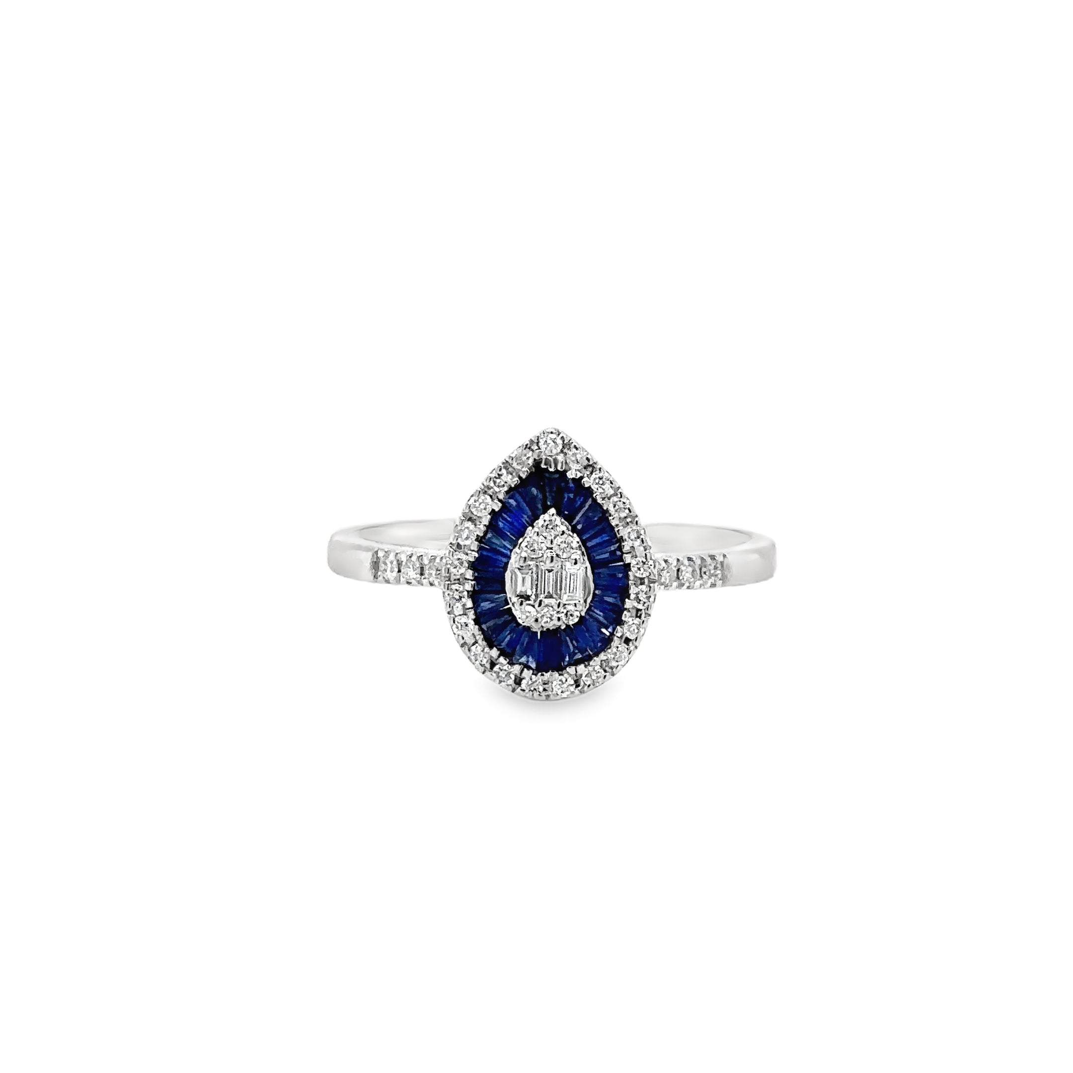 Anillo En Forma De Pera De Zafiro Y Diamantes De Oro Blanco De 14K 0.63 Ct.