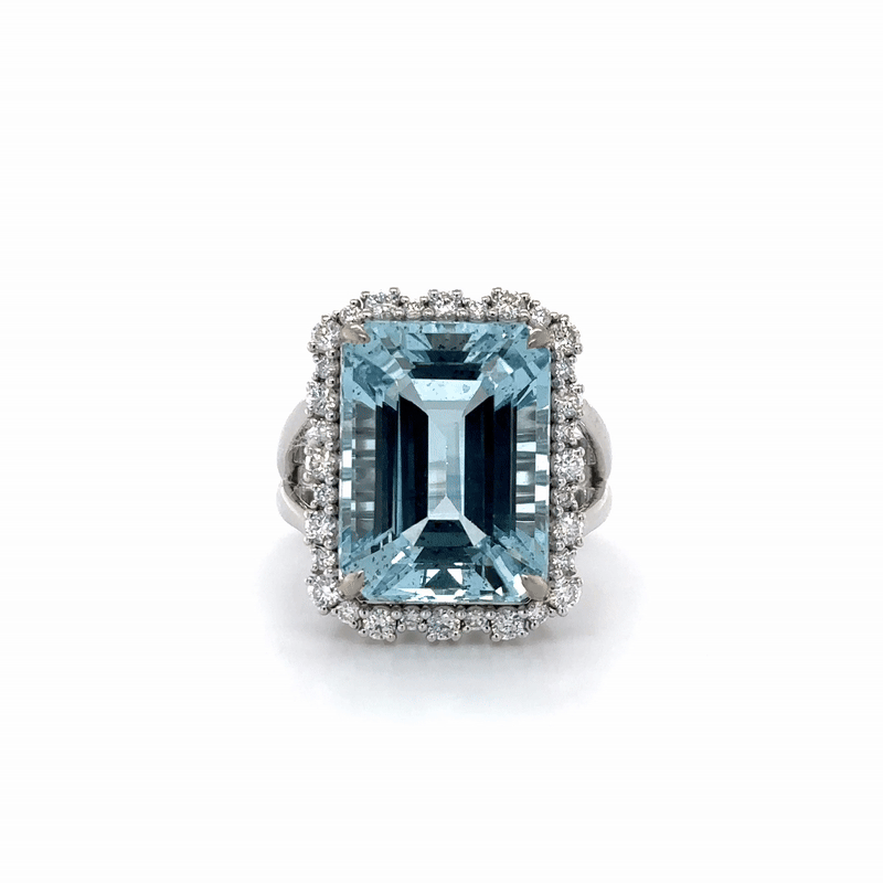 Anillo De Diamantes Y Aguamarina De Oro Blanco De 14K 12.26 Ct.