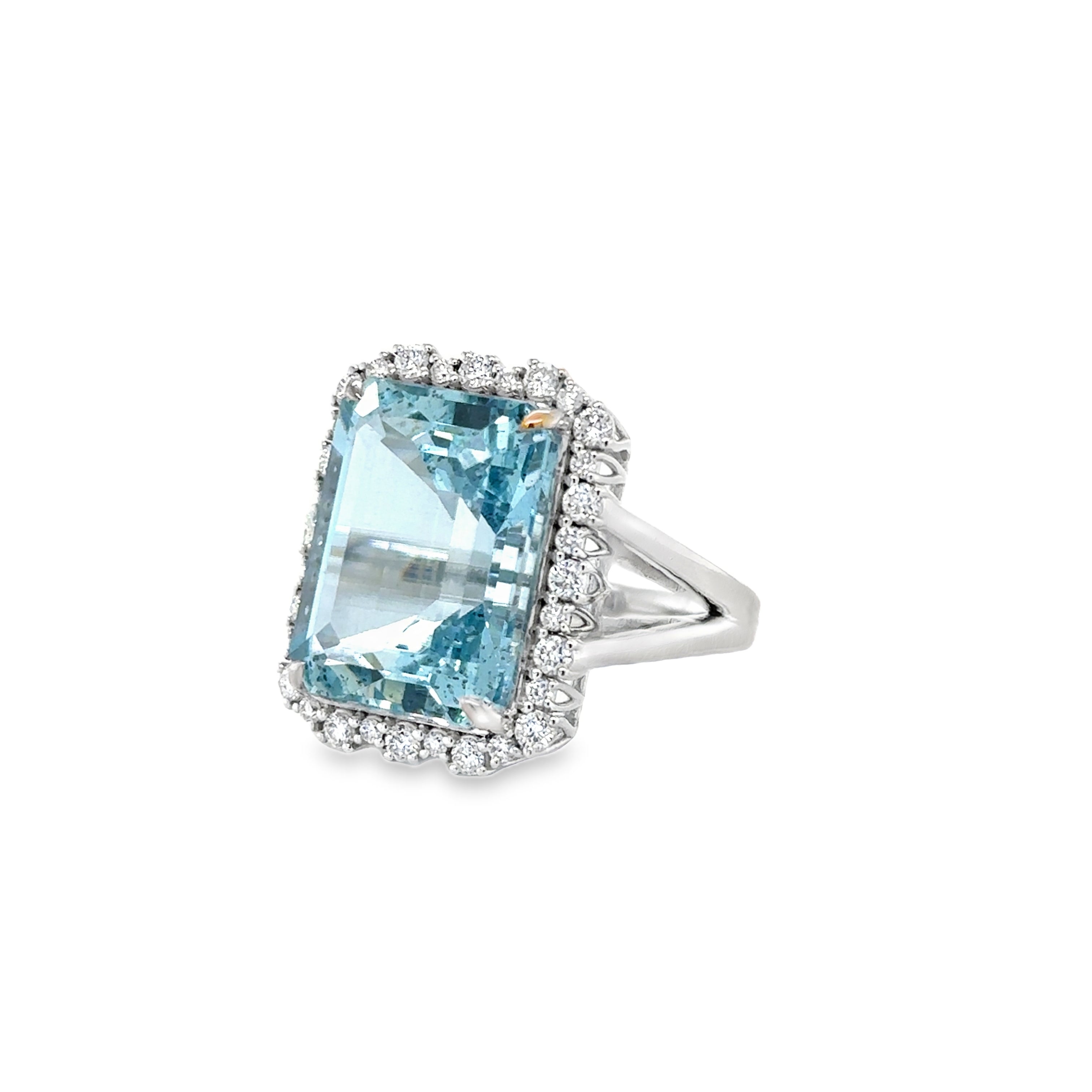Anillo De Diamantes Y Aguamarina De Oro Blanco De 14K 12.26 Ct.