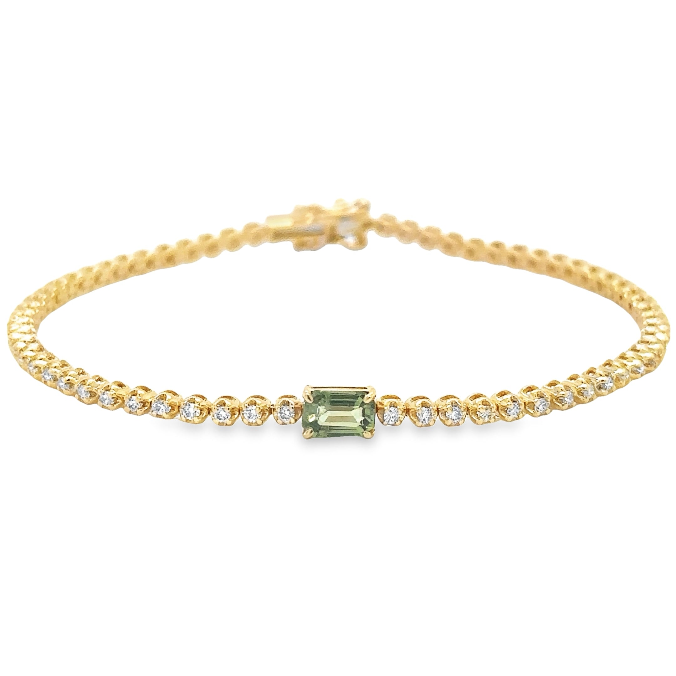 Pulsera De Tenis De Oro Amarillo De 14 Quilates Zafiro Verde Oct Y Diamantes 1.42 Ct.
