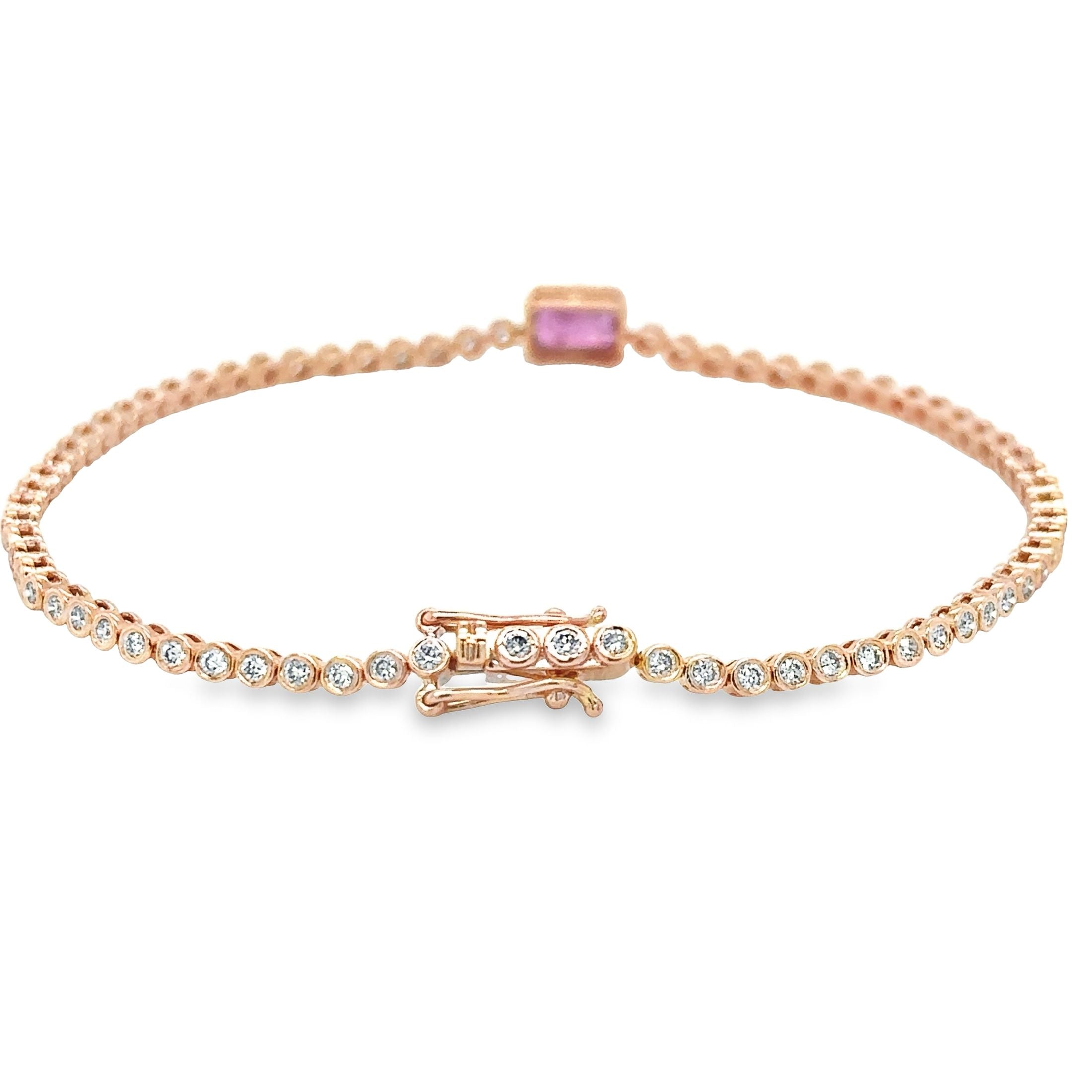 Pulsera De Tenis De Oro Rosa De 14 Quilates Zafiro Rosa Oct Y Diamantes 1.53 Ct.