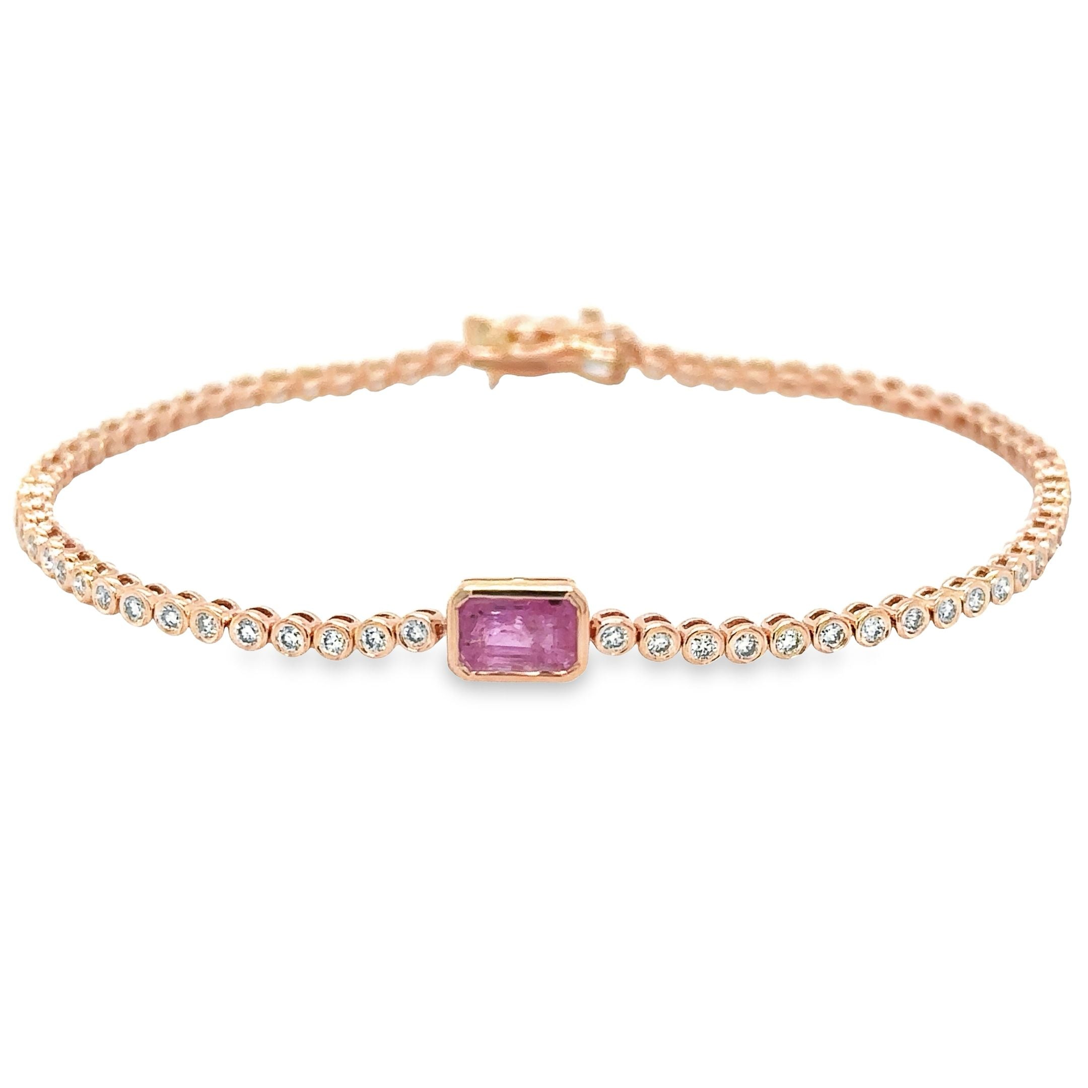 Pulsera De Tenis De Oro Rosa De 14 Quilates Zafiro Rosa Oct Y Diamantes 1.53 Ct.