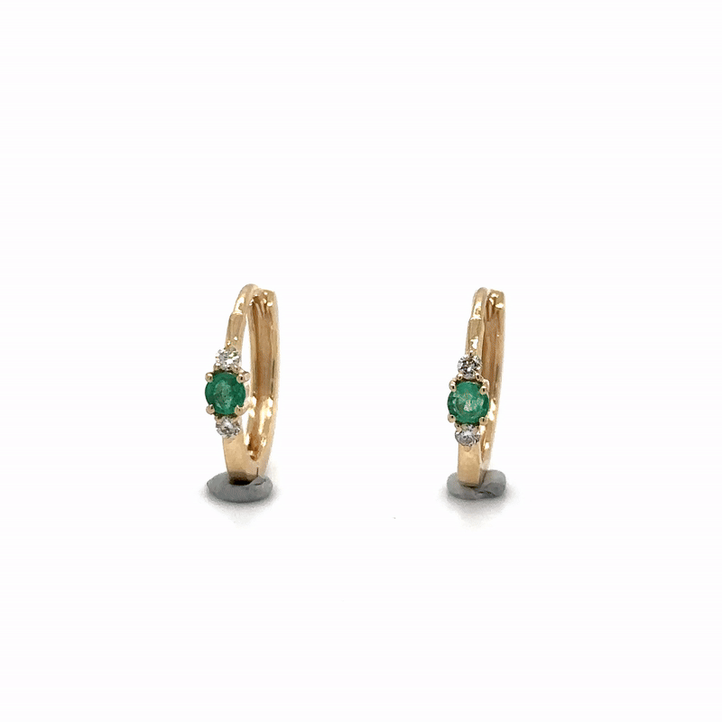 14Kt Yellow Gold Huggies with Emeralds and Diamonds, 0.18 CT