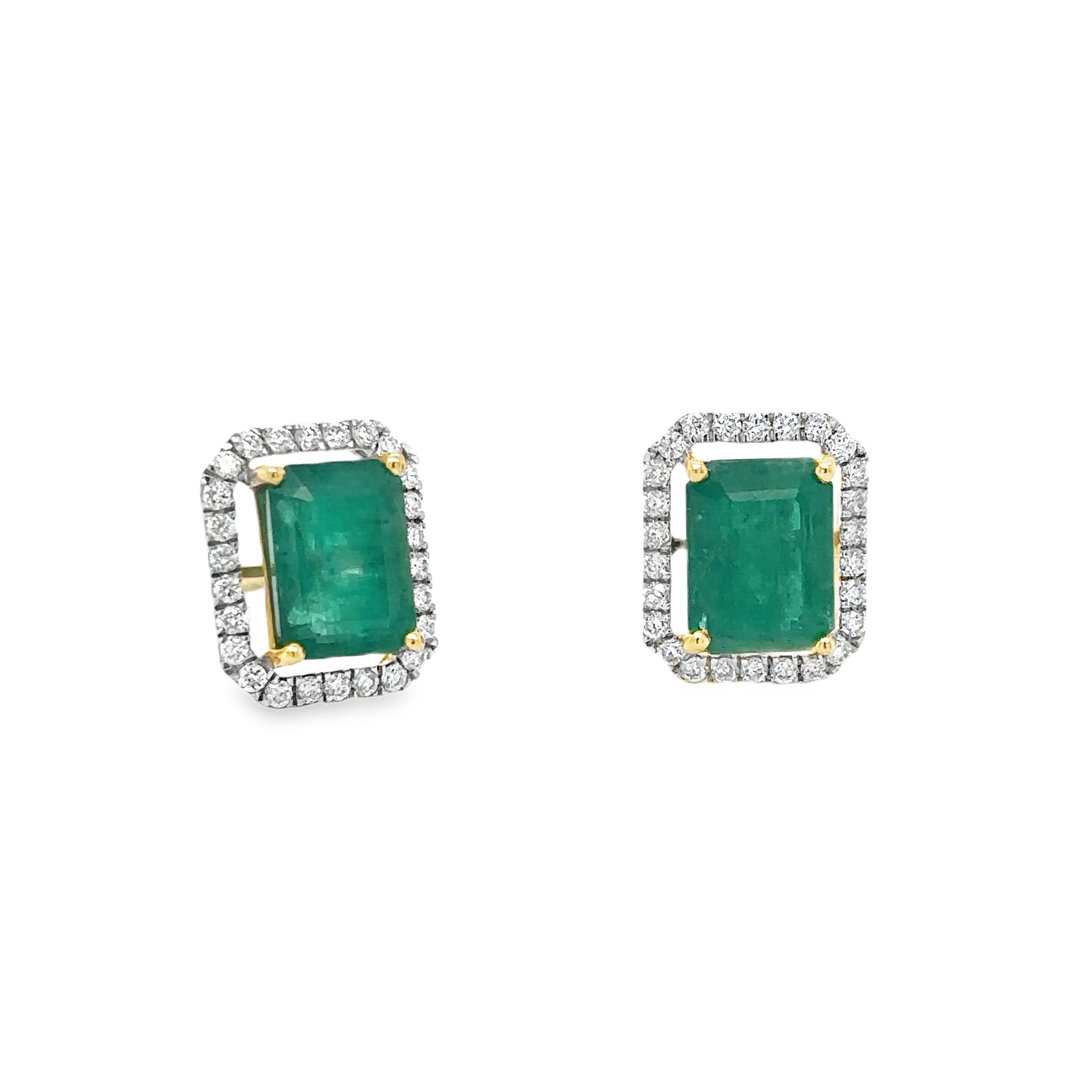 14K Yellow Gold Diamond and Emerald Stud Earring, 3.96 TCW