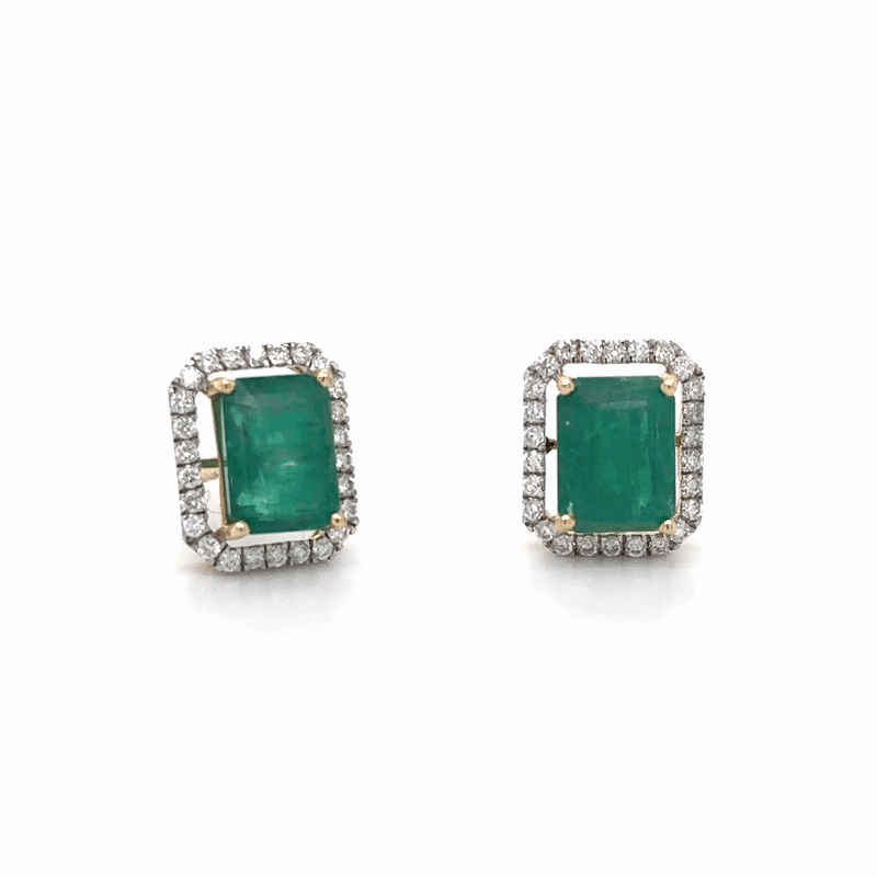14K Yellow Gold Diamond and Emerald Stud Earring, 3.96 TCW