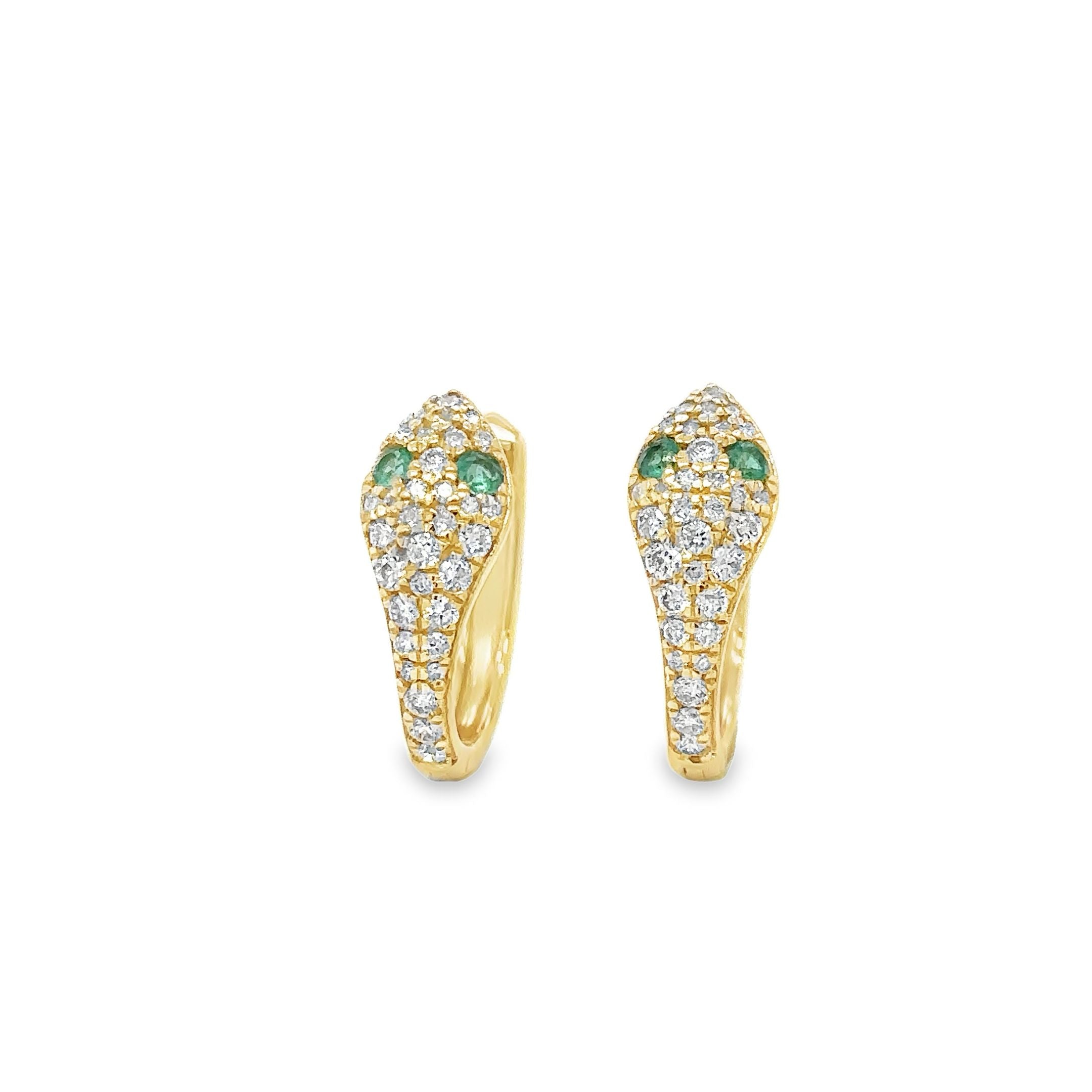 14Kt Yellow Gold Snake Huggies with Emeralds and Diamonds, 0.58 CT