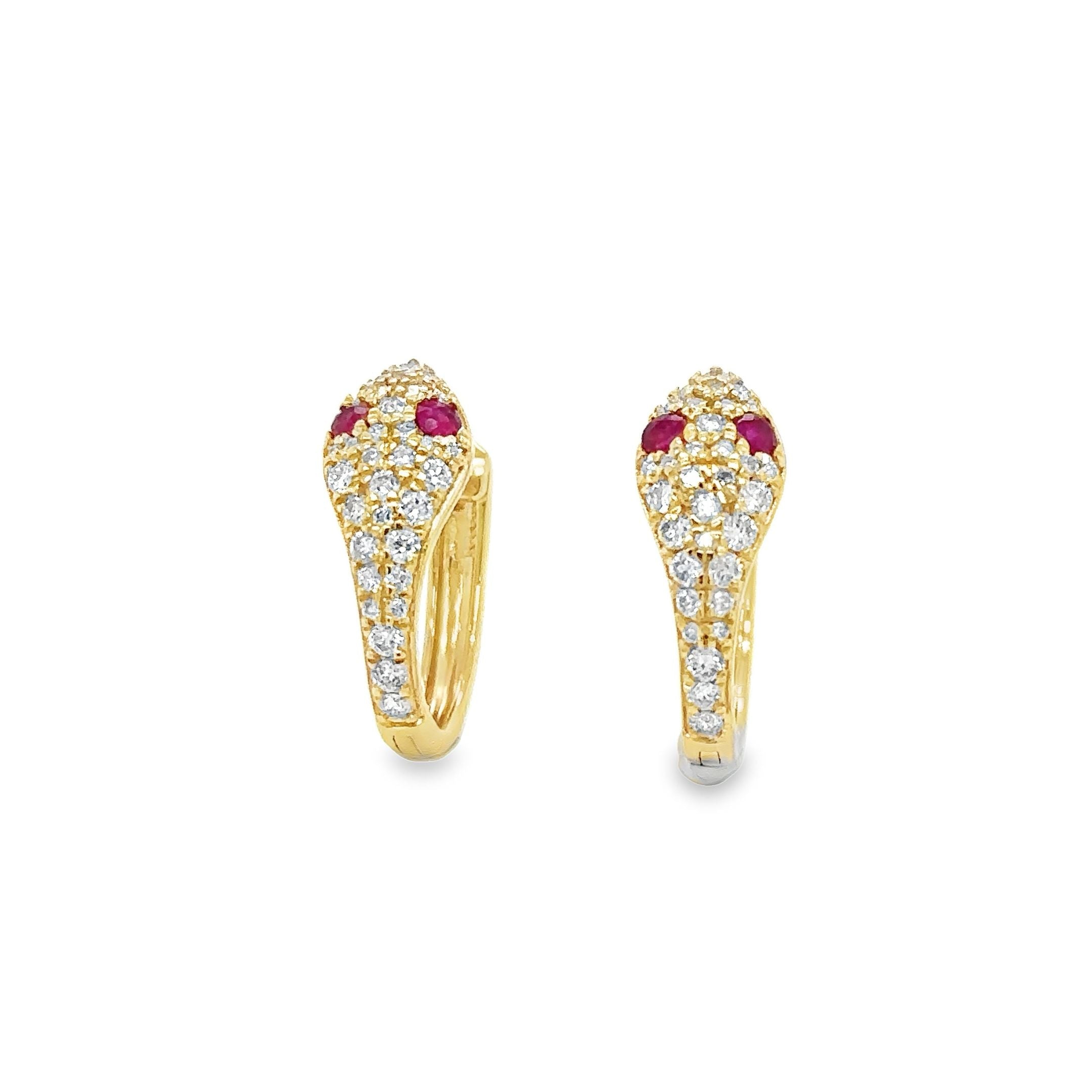 14Kt Yellow Gold Snake Huggies With Ruby And Diamonds, 0.63 CT