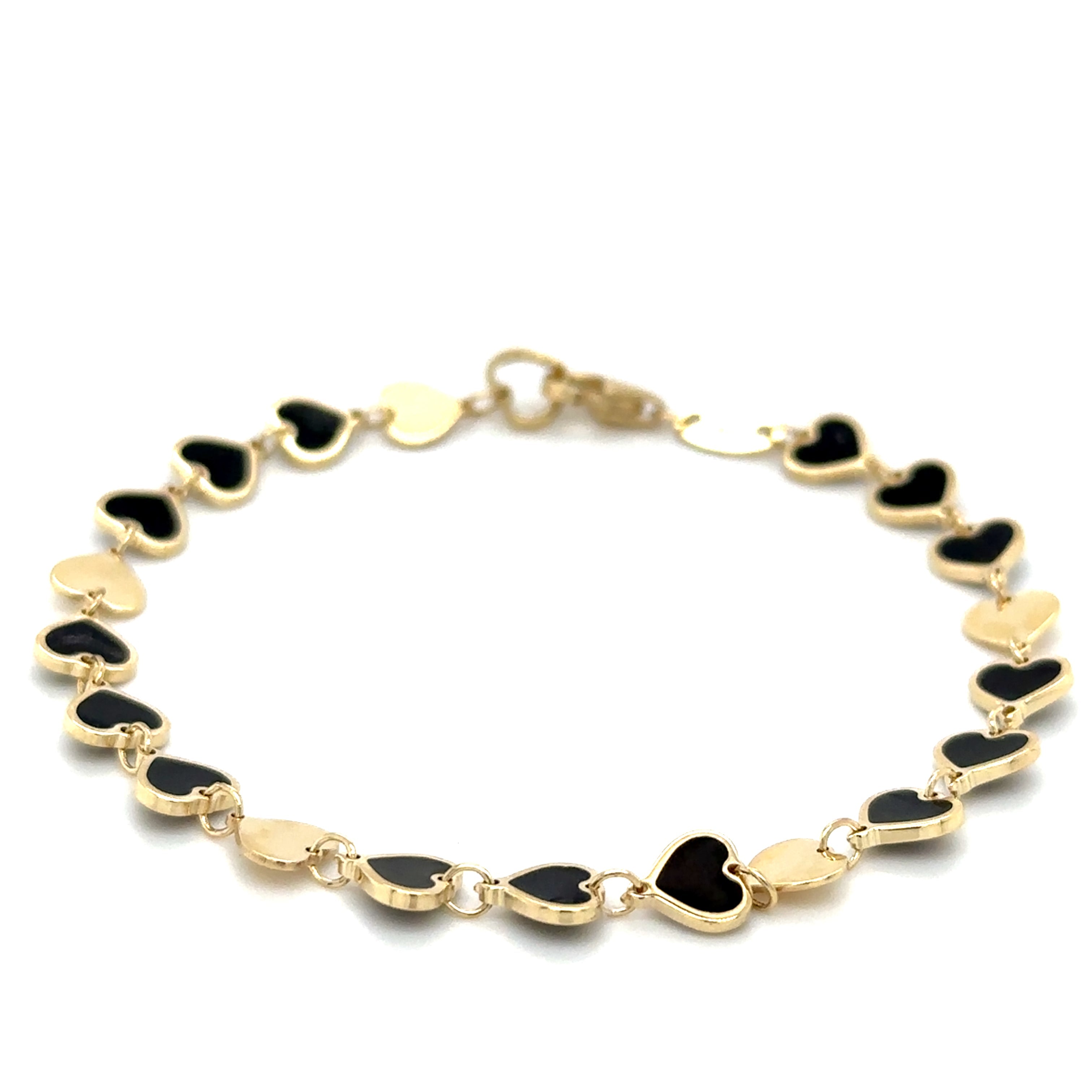 Pulsera De Corazón De Ónix Negro En Oro Amarillo De 14Kt 7"