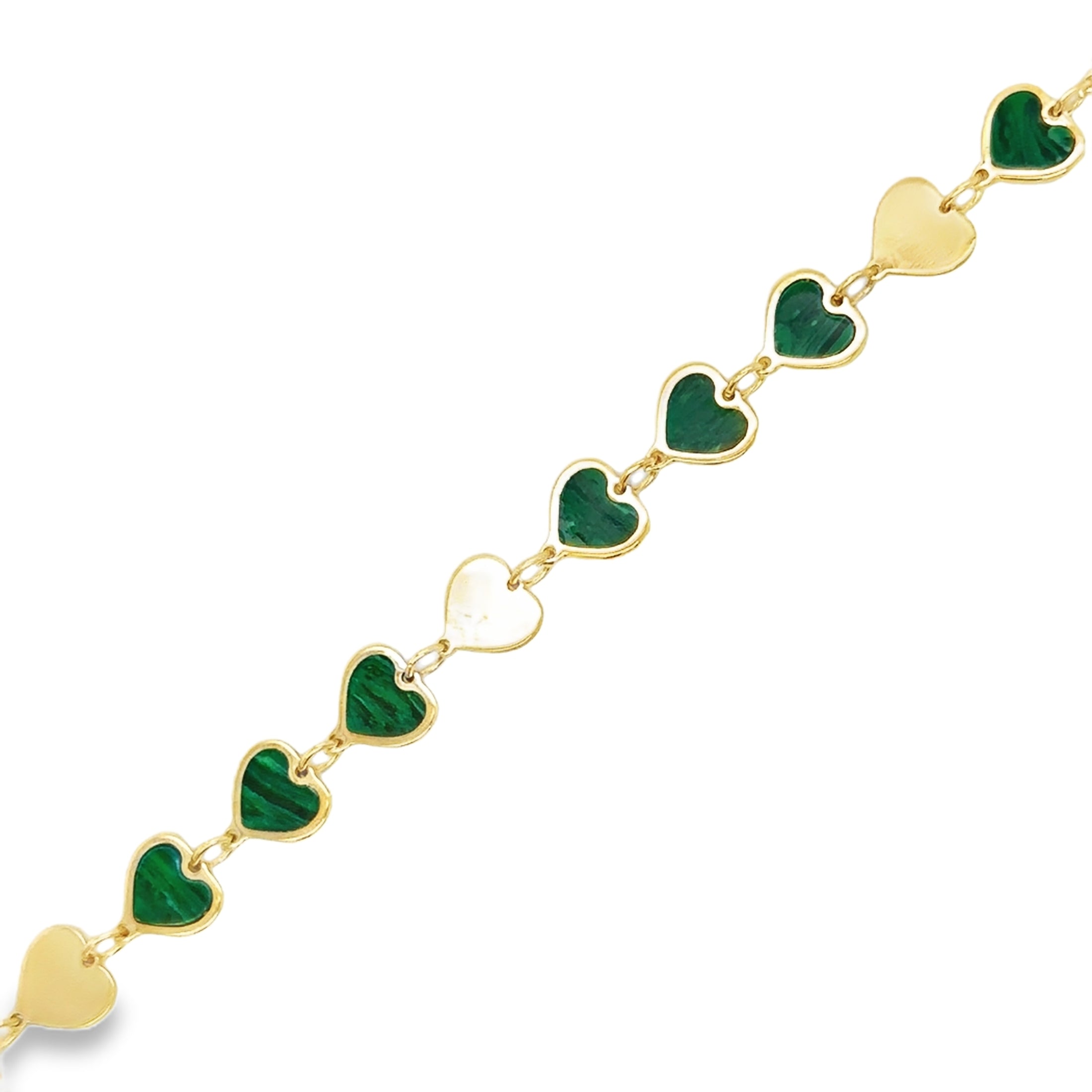 Pulsera Con Corazón De Malaquita En Oro Amarillo De 14 K,   TCW.