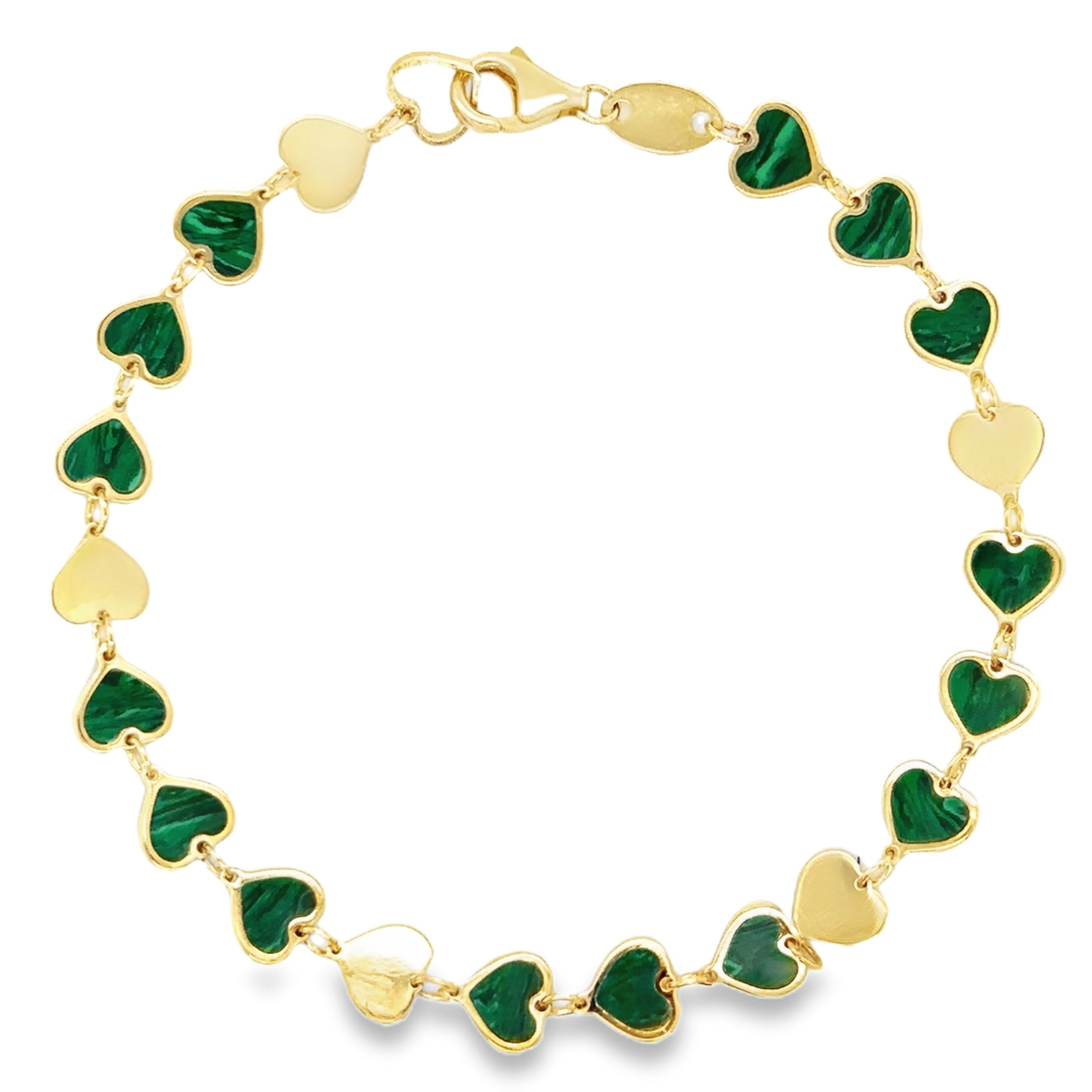 Pulsera Con Corazón De Malaquita En Oro Amarillo De 14 K,   TCW.