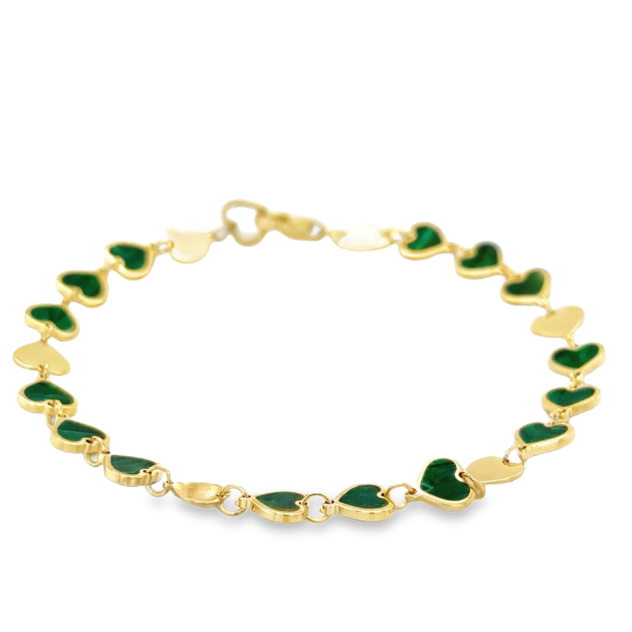 Pulsera Con Corazón De Malaquita En Oro Amarillo De 14 K,   TCW.
