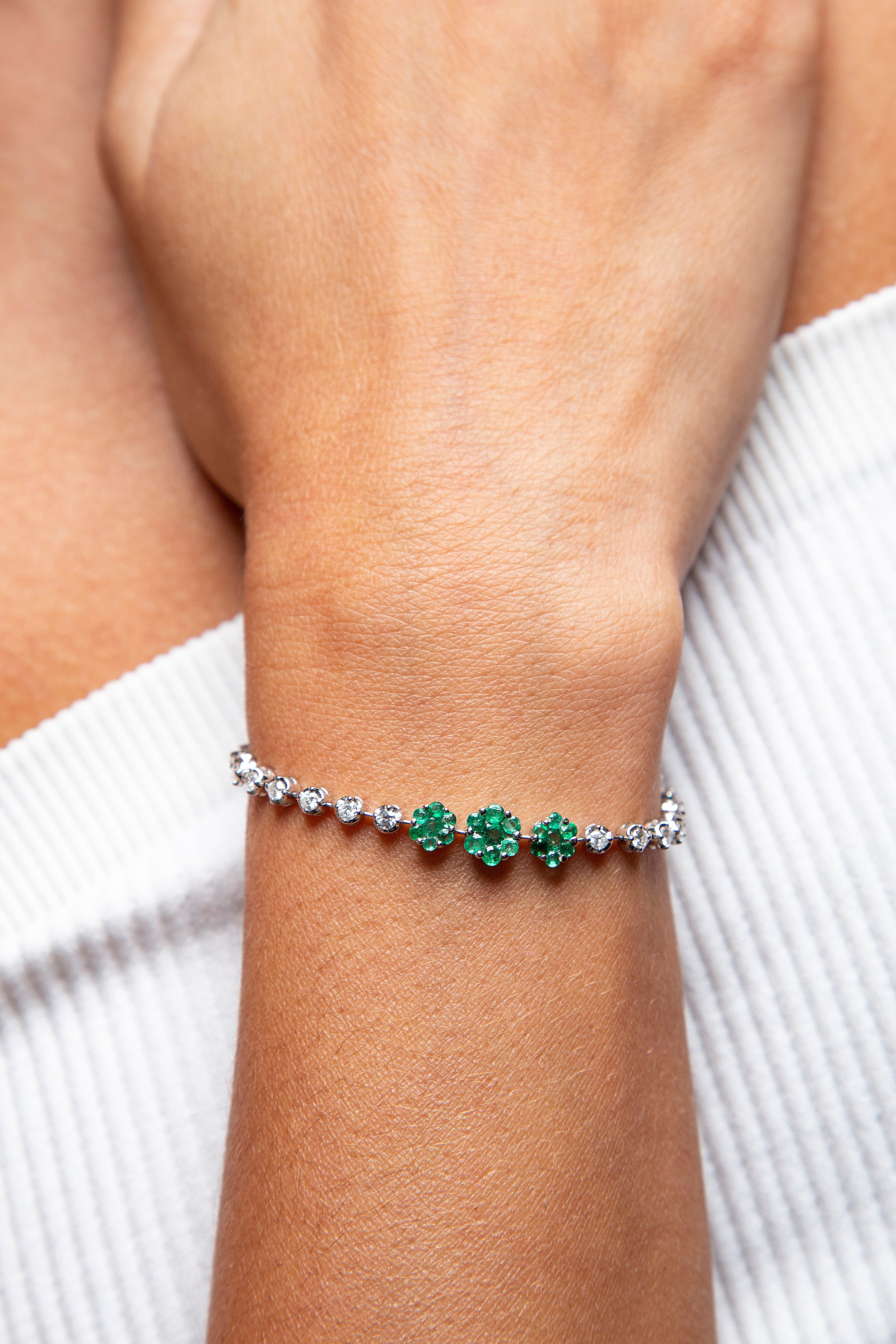 Pulsera Tennis Diamante Esmeralda Oro Blanco 14K 2.16 ct.