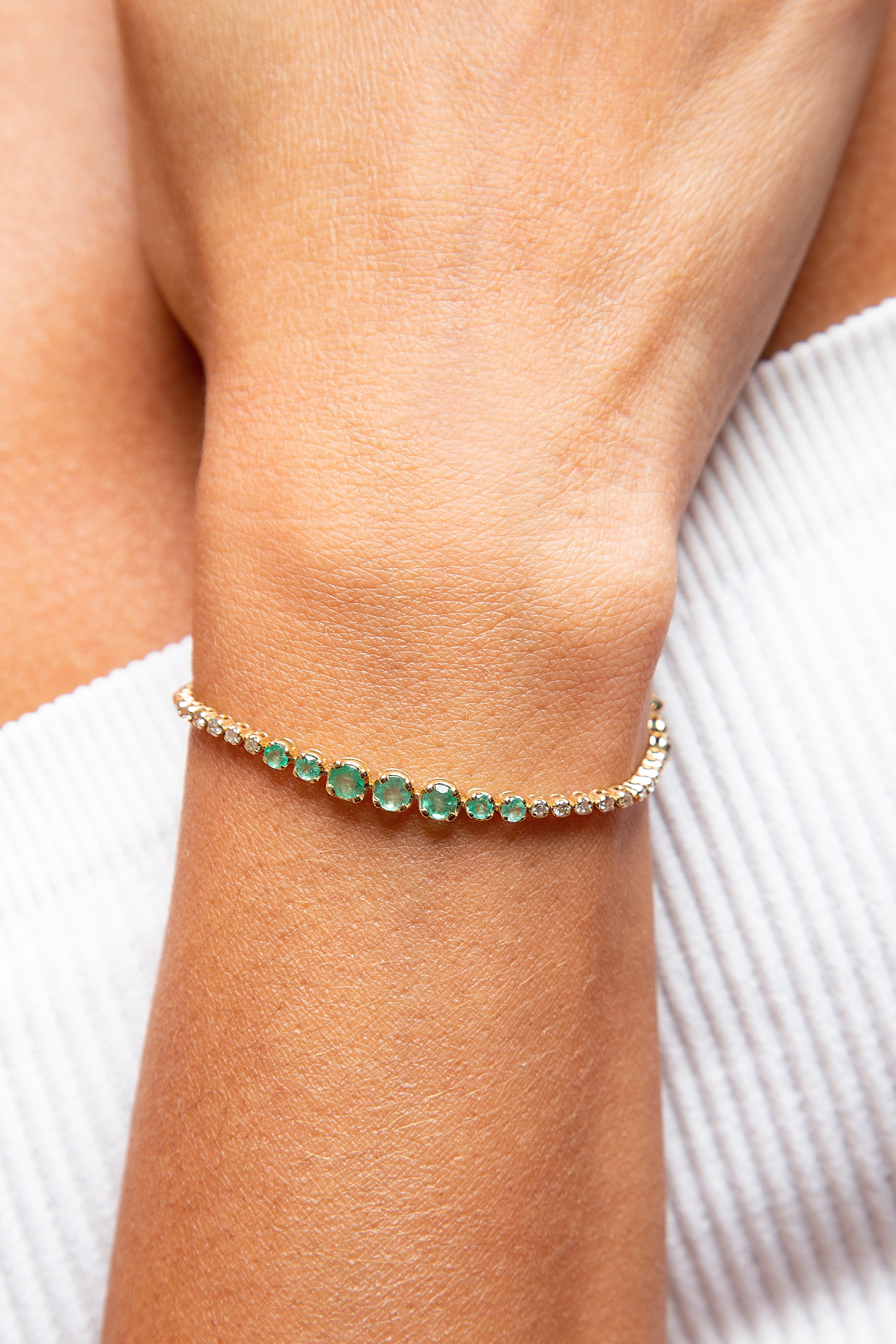 Pulsera Tennis Diamante Esmeralda Oro Amarillo 14K 3.16 ct.