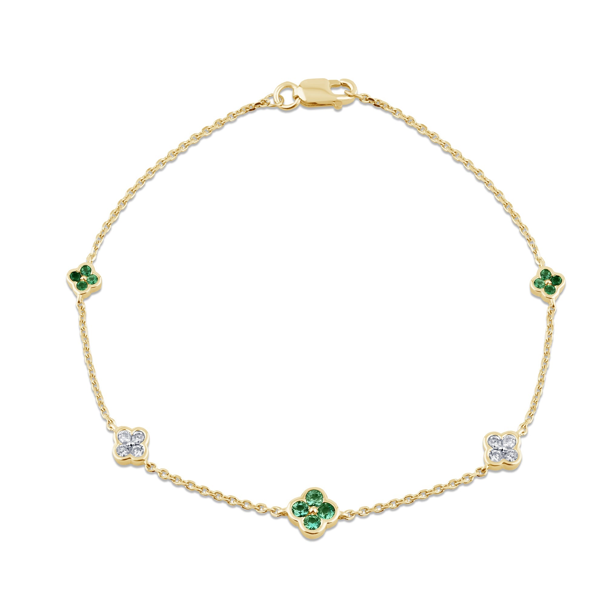 14K yellow gold flower bracelet with 0.43ct diamonds and emeralds