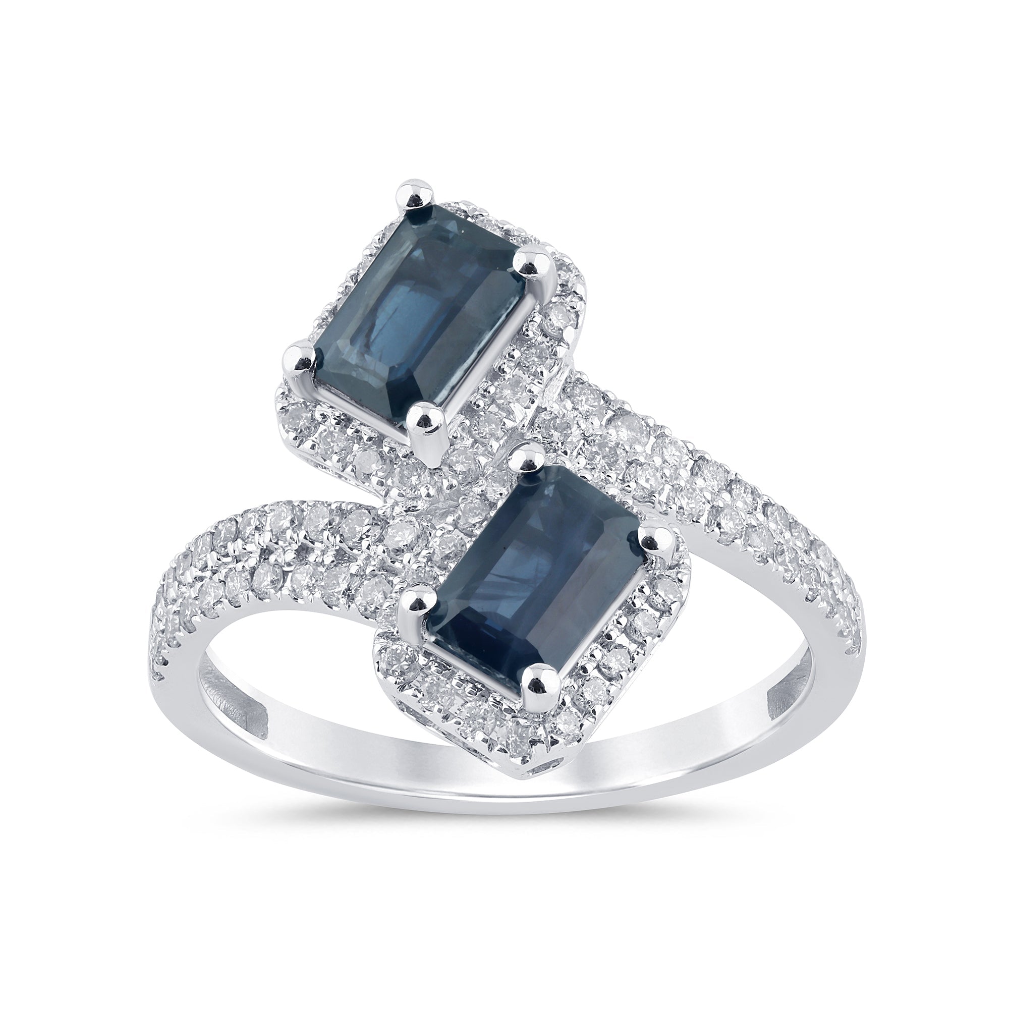 Wrap ring with blue sapphire and diamonds in 14K white gold, 1.6CT.