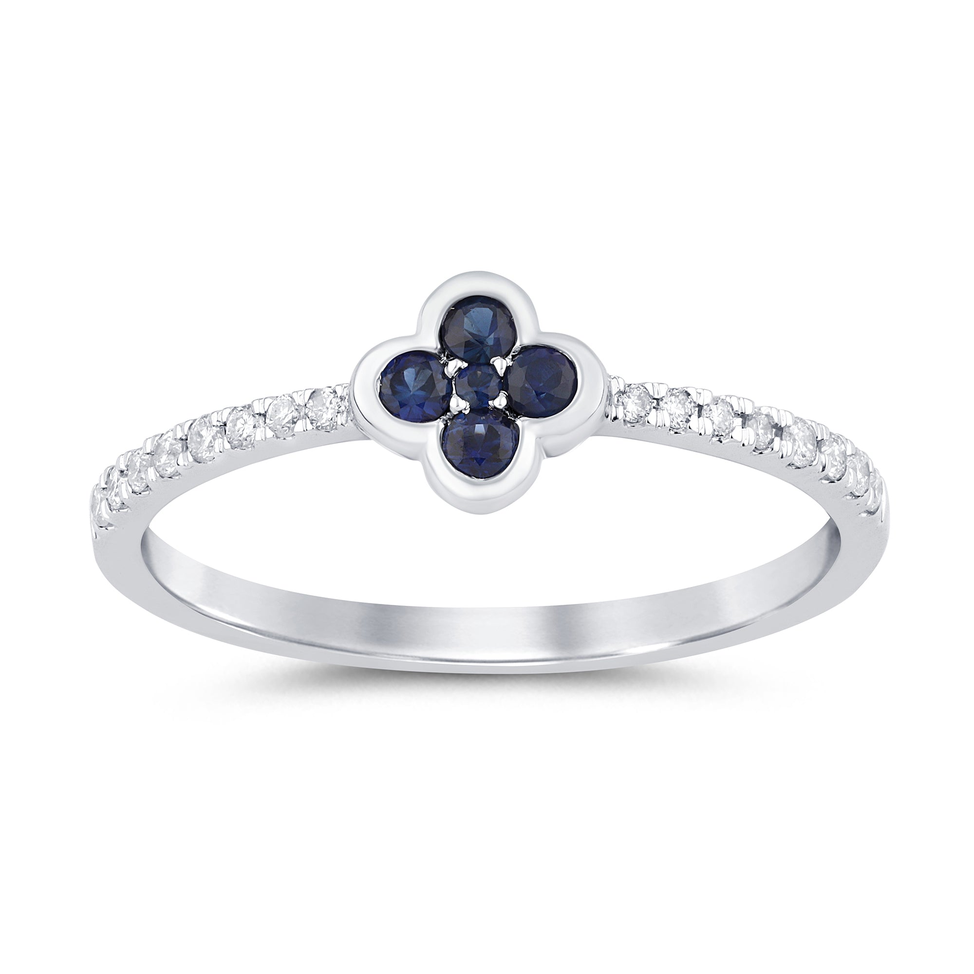 Anillo de forma de Trebol oro blanco de 14K con diamantes y zafiro azul, 0.23CT.