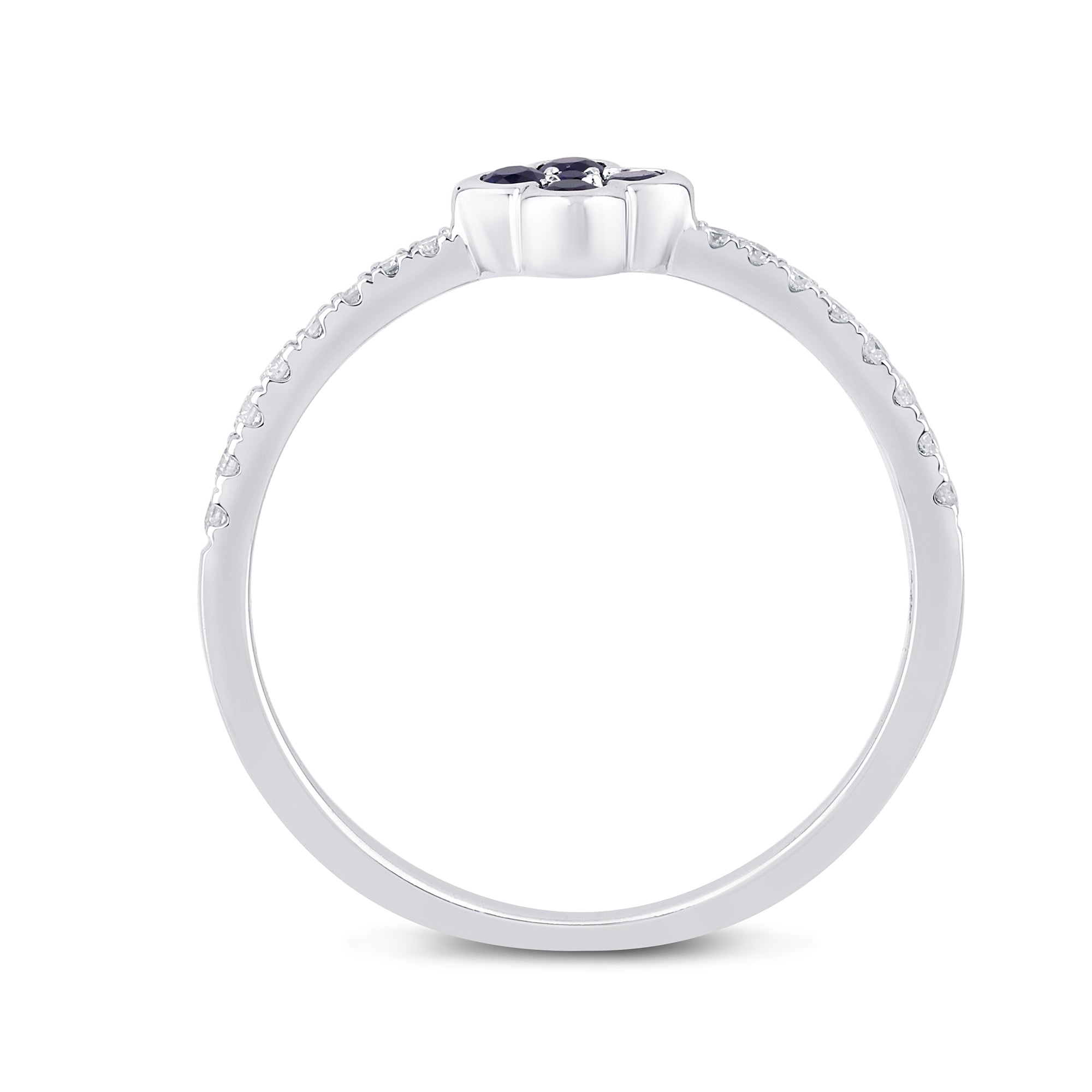 Anillo de forma de Trebol oro blanco de 14K con diamantes y zafiro azul, 0.23CT.