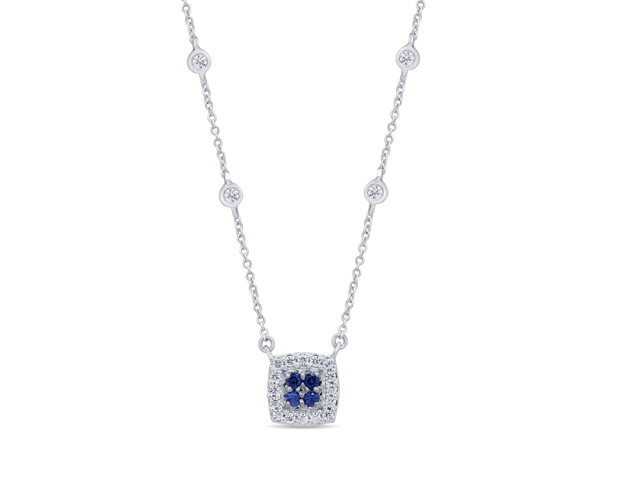 Collar Pendant De Zafiro Azul Y Diamante En Oro Blanco De 14K .17Ct