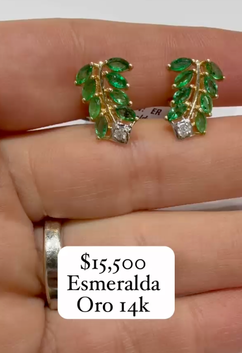 Aretes Esmeralda oro 14k tipo hoja