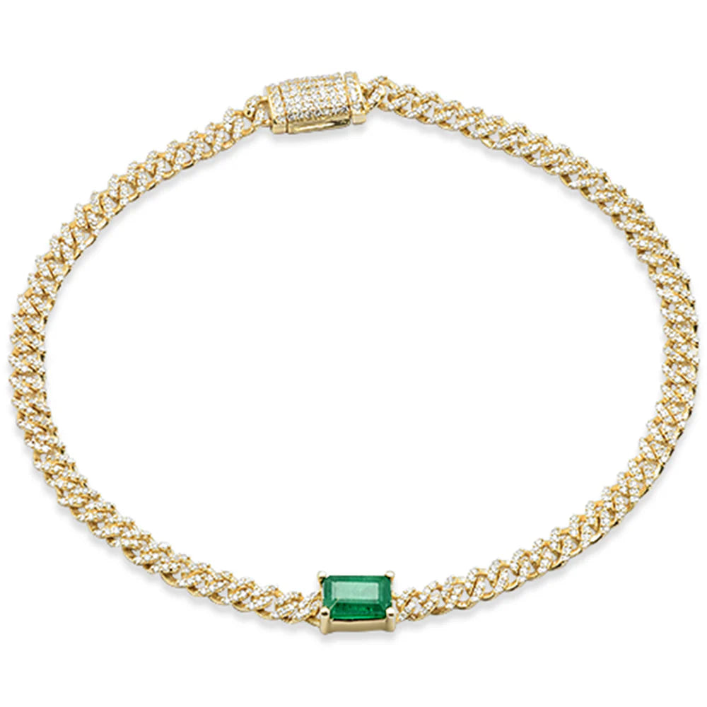Pulsera Cubana 14 K Oro Amarillo con Diamantes (0.79 ct) y Esmeralda (0.51 ct) – 19 cm