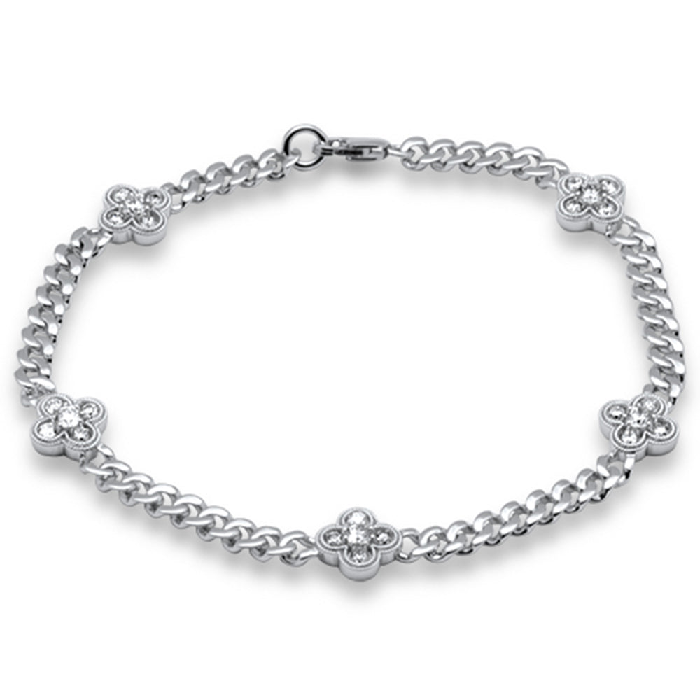 Pulsera Cubana Flor De Diamante En Oro Blanco De 14K 0.44Ct
