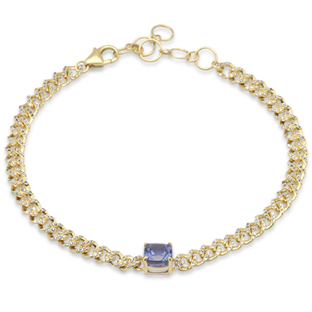 Pulsera Cubana De Diamante Y Tanzanita Y Piedra Preciosa En Oro Amarillo De 14K 1.88Ct