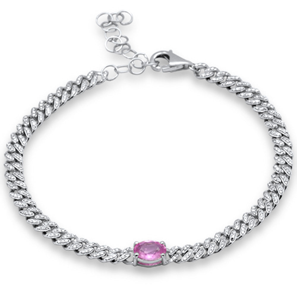 Pulsera Cadena De Zafiro Rosa Y Diamante Y Piedra Preciosa En Oro Amarillo De 14K 1.36Ct